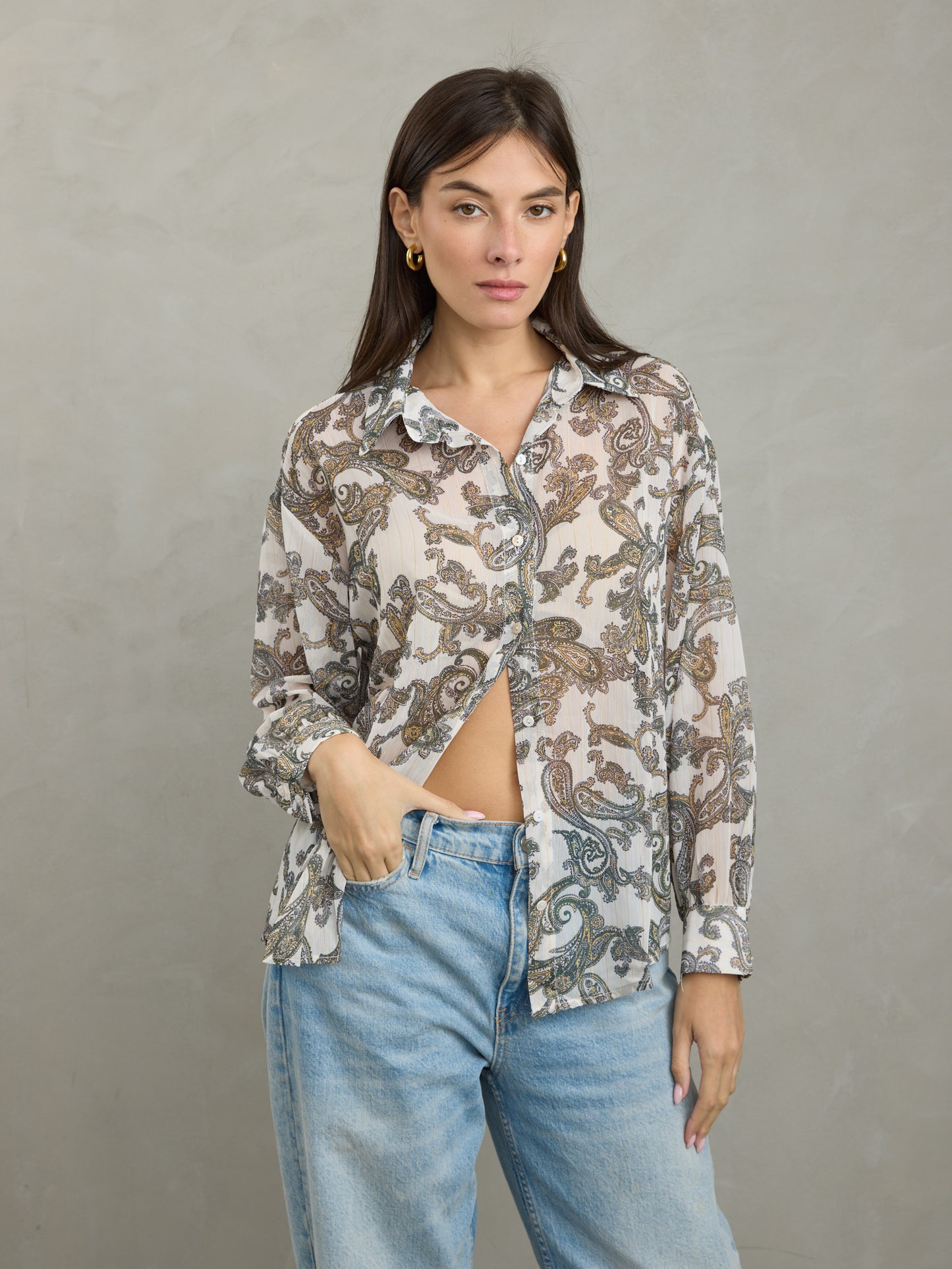 חולצה מכופתרת הדפס פייזלי | בז'