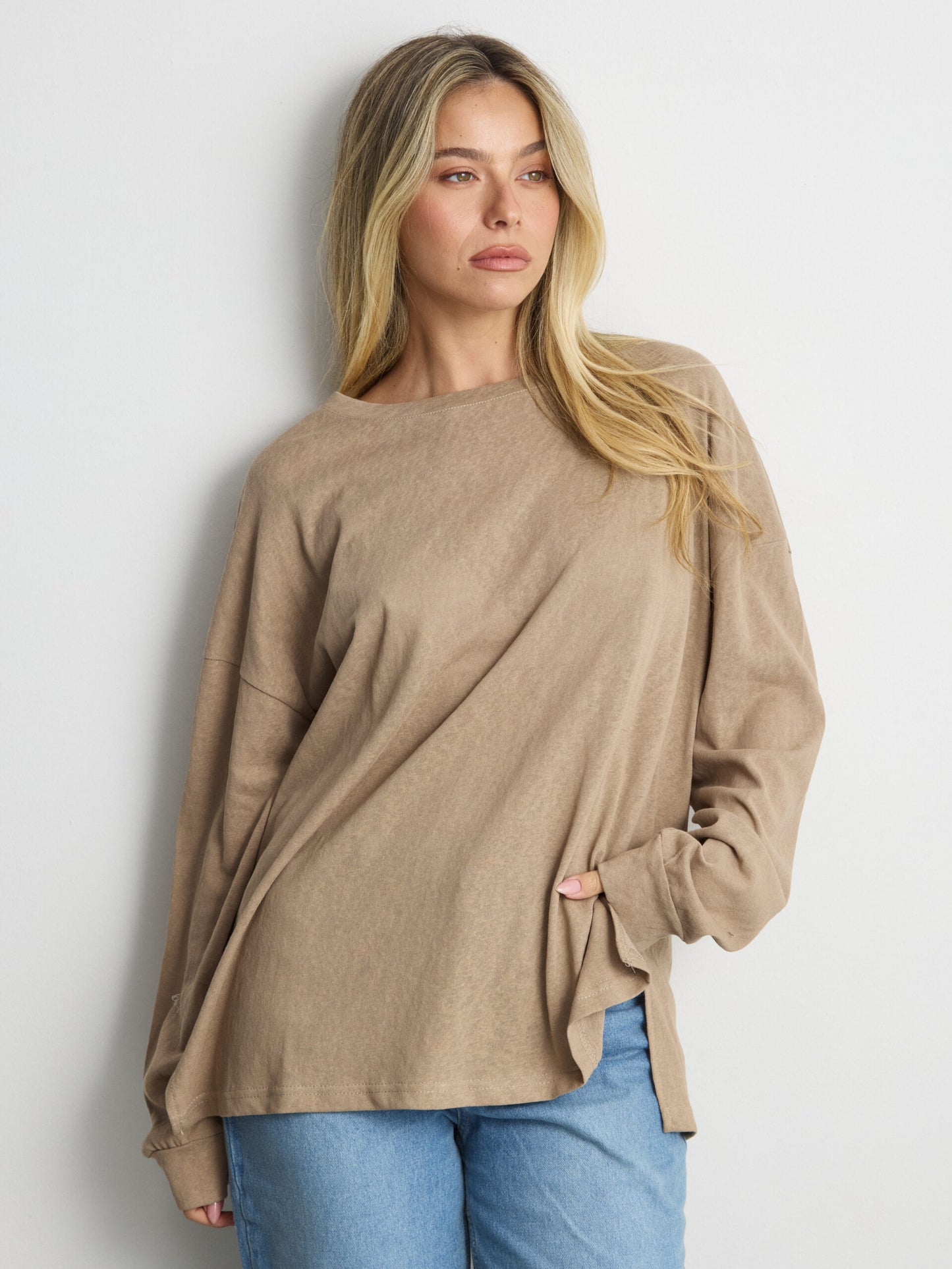 טישירט שרוול ארוך אוברסייז פגי | חאקי