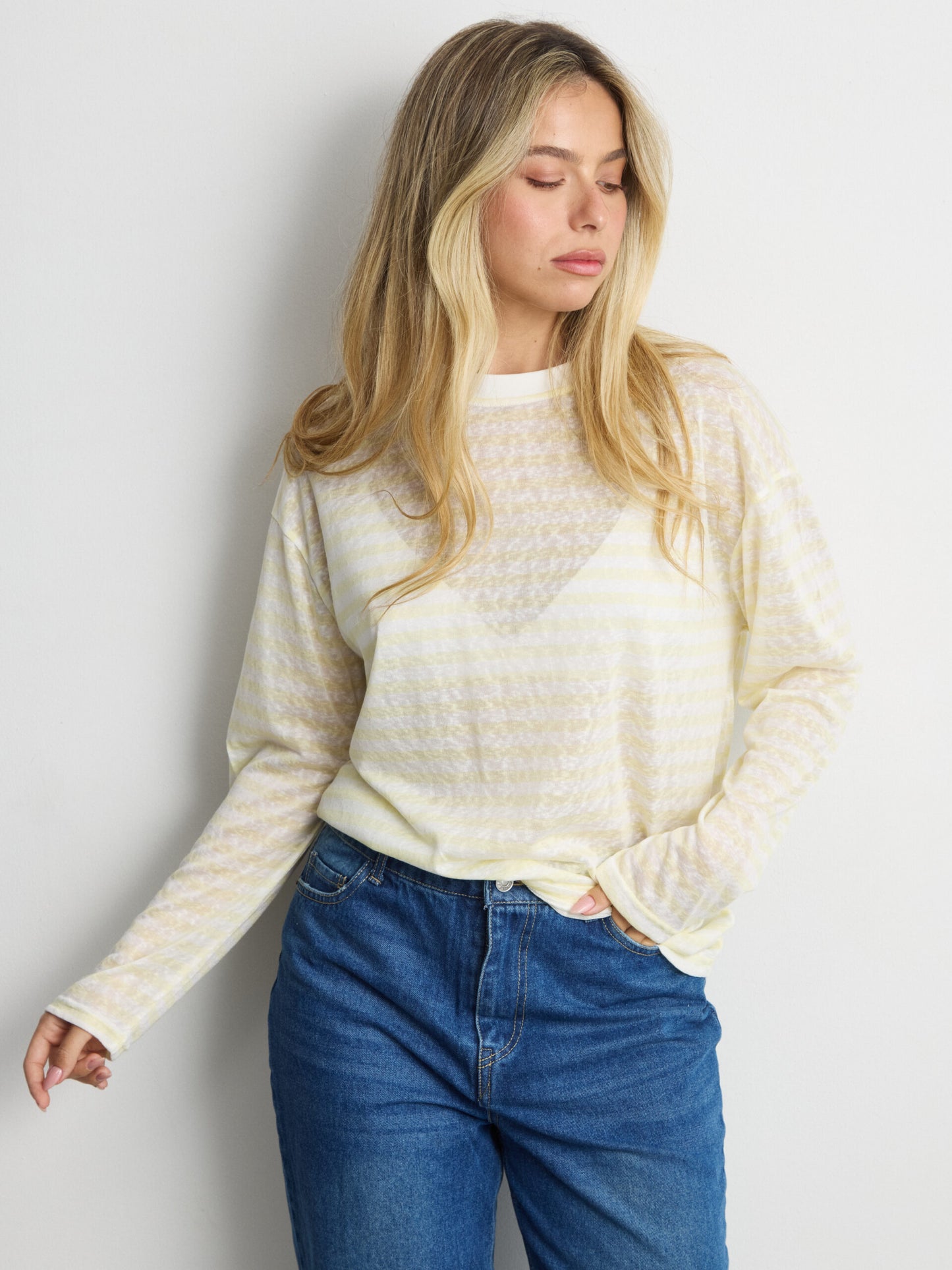 טישירט שרוול ארוך  פסים אוולין | צהוב