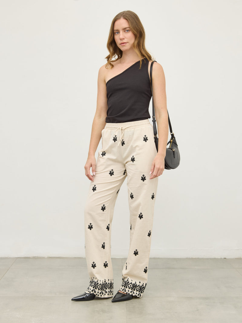 מכנסי פשתן רקמה ליה | שחור