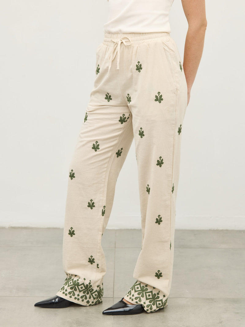 מכנסי פשתן רקמה ליה | ירוק