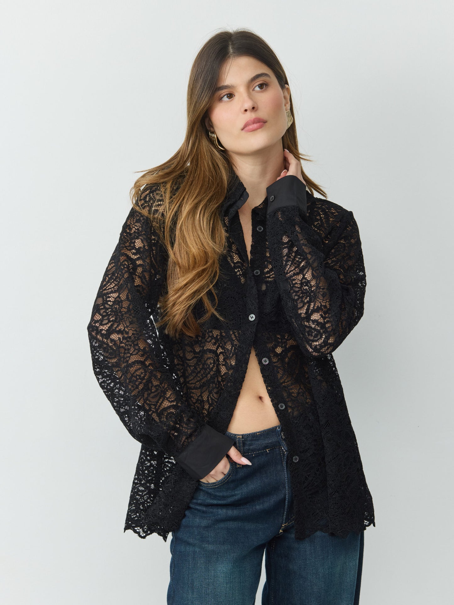 חולצה מכופתרת תחרה ולנטיין | שחור