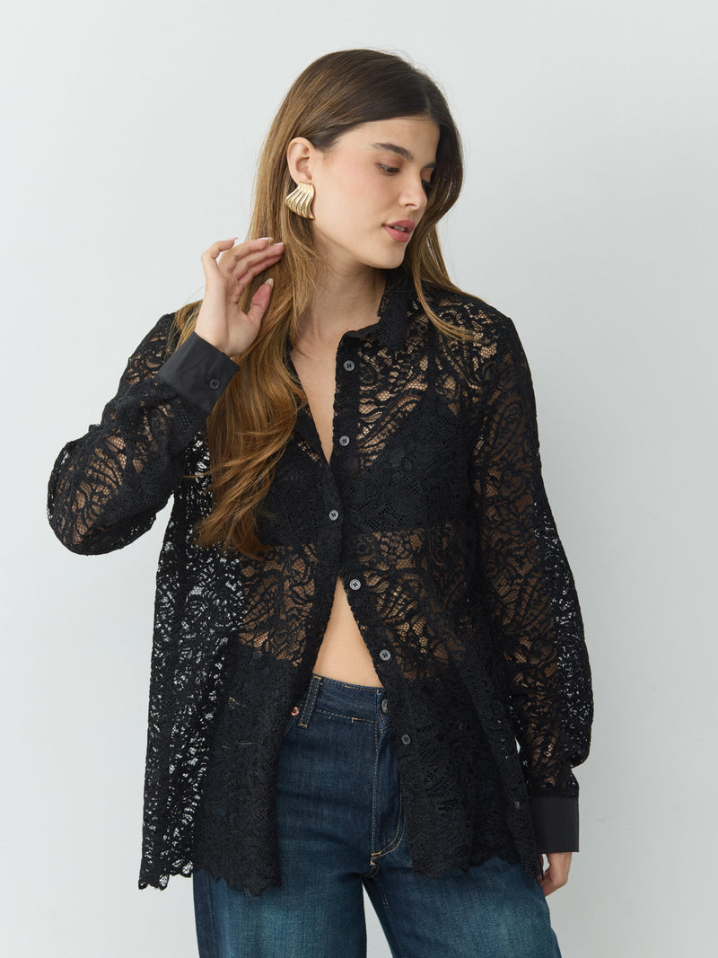 חולצה מכופתרת תחרה ולנטיין | שחור