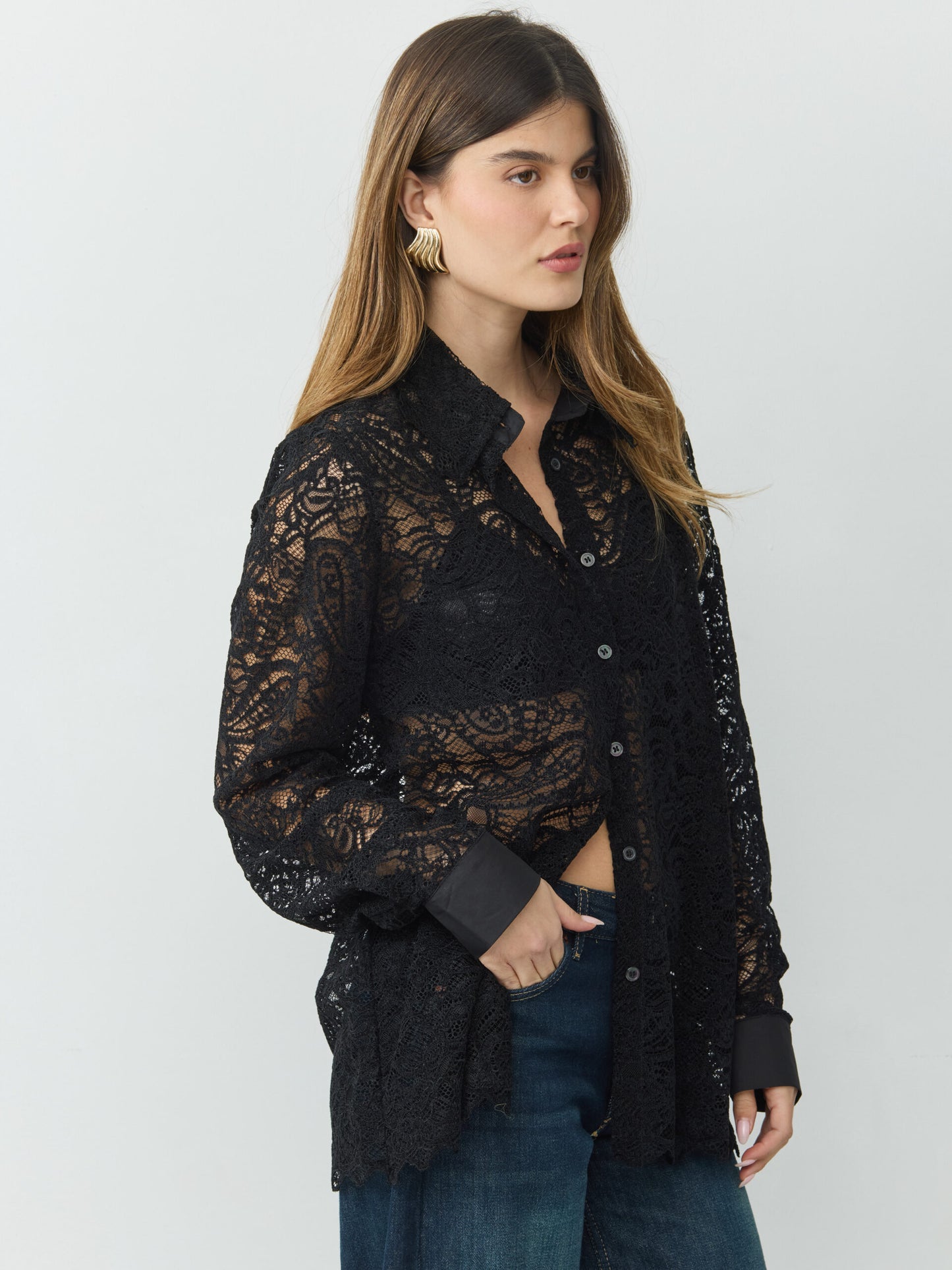 חולצה מכופתרת תחרה ולנטיין | שחור