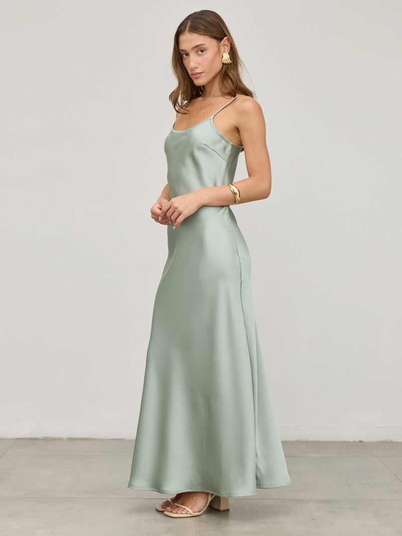 שמלת סאטן מפתח עגול לור | ירוק