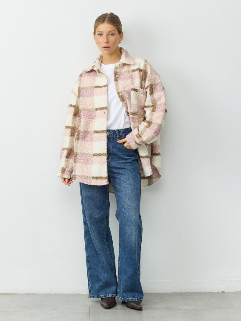 ג'קט דמוי לבד משבצות לוז | ורוד