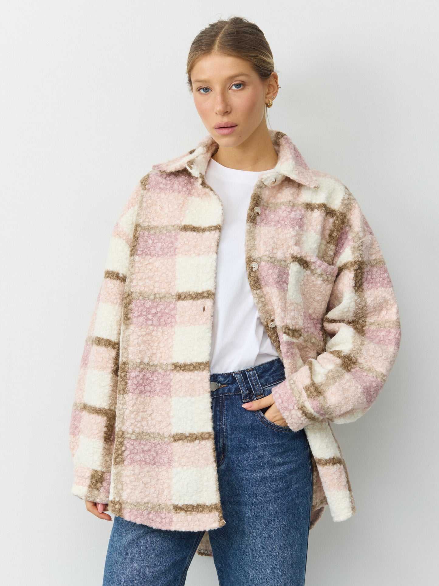 ג'קט דמוי לבד משבצות לוז | ורוד