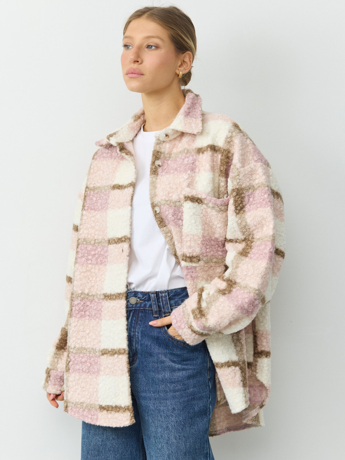 ג'קט דמוי לבד משבצות לוז | ורוד