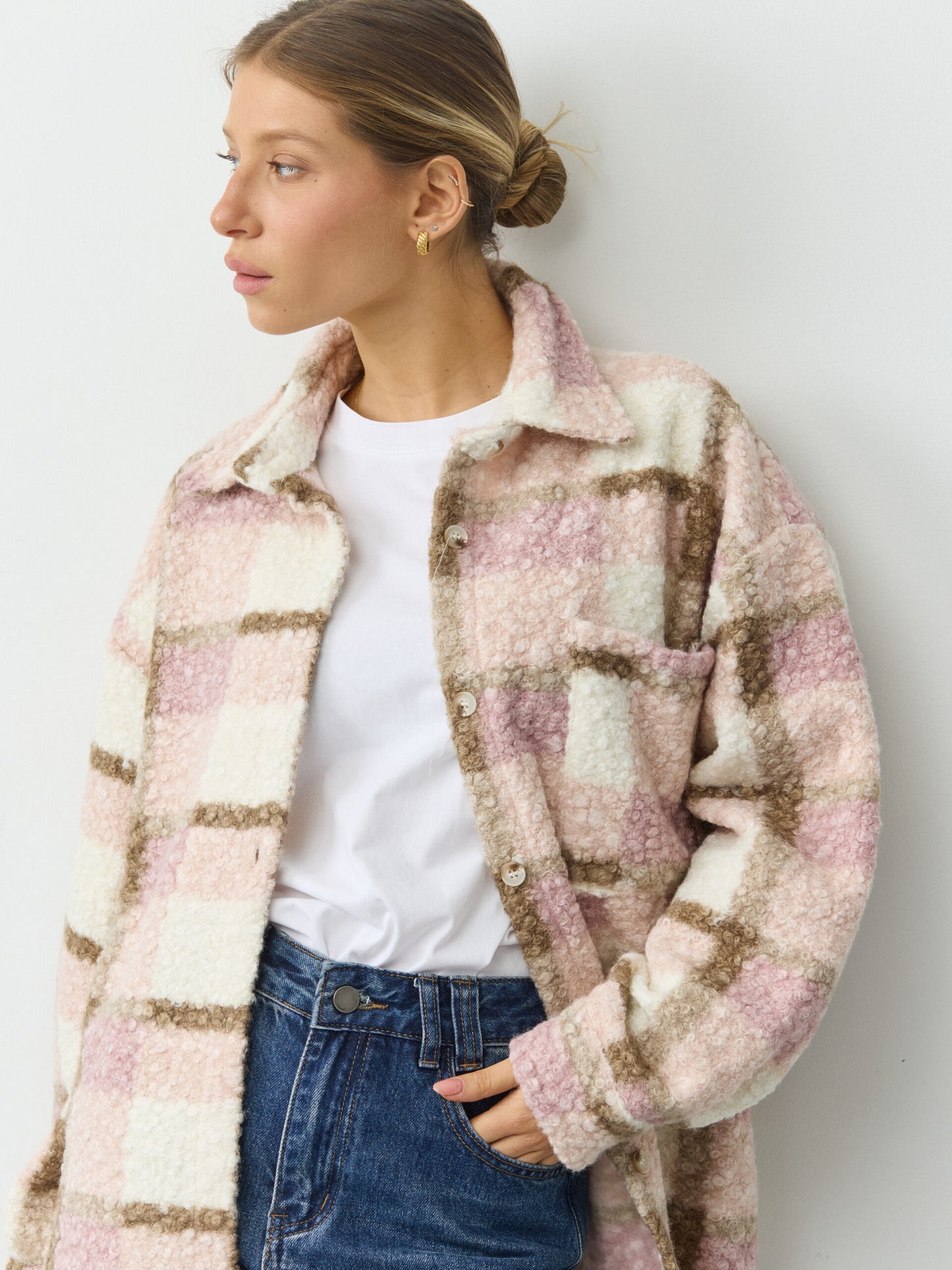 ג'קט דמוי לבד משבצות לוז | ורוד