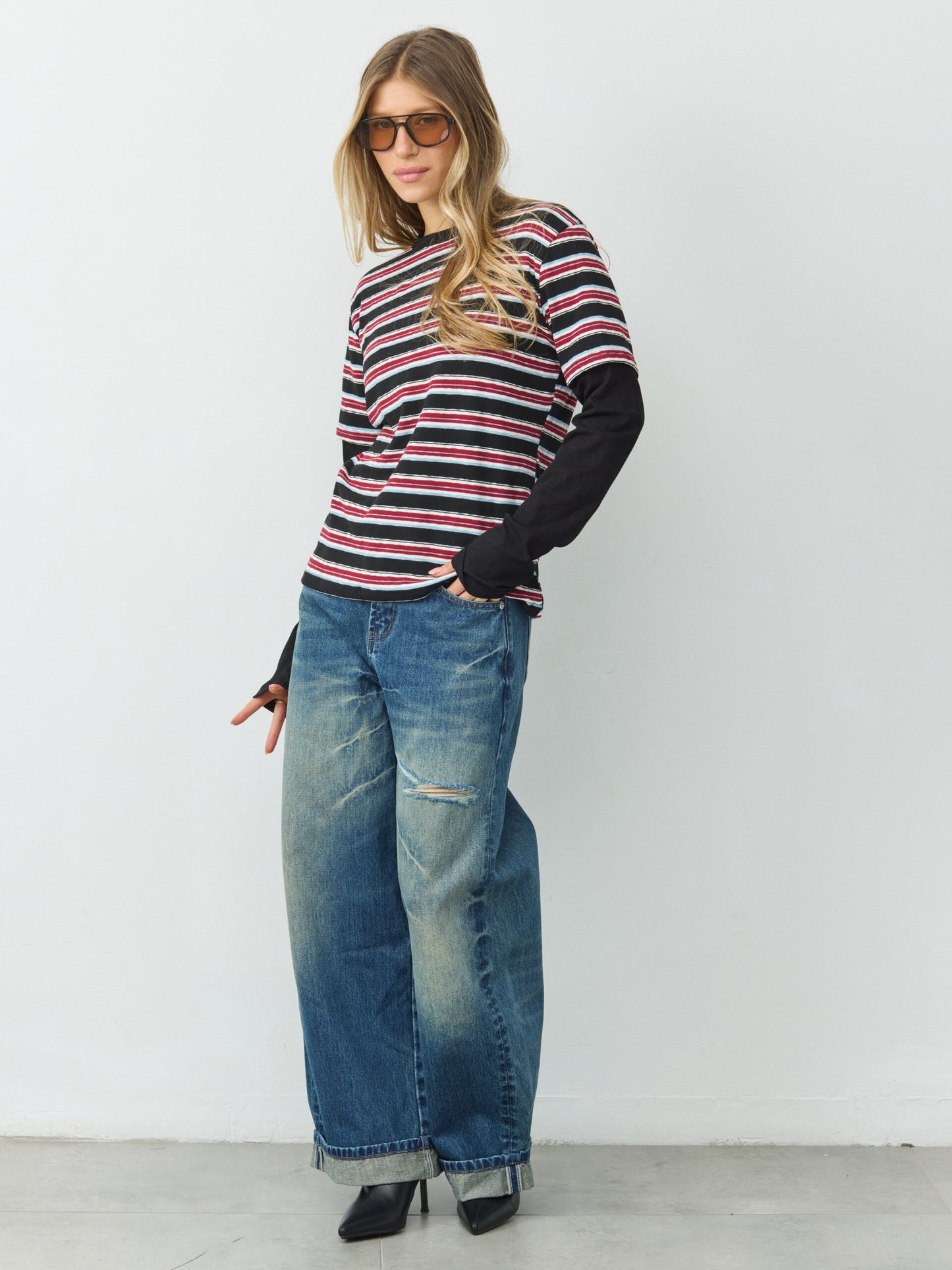 טישירט שתי שכבות פסים מיידן | בורדו