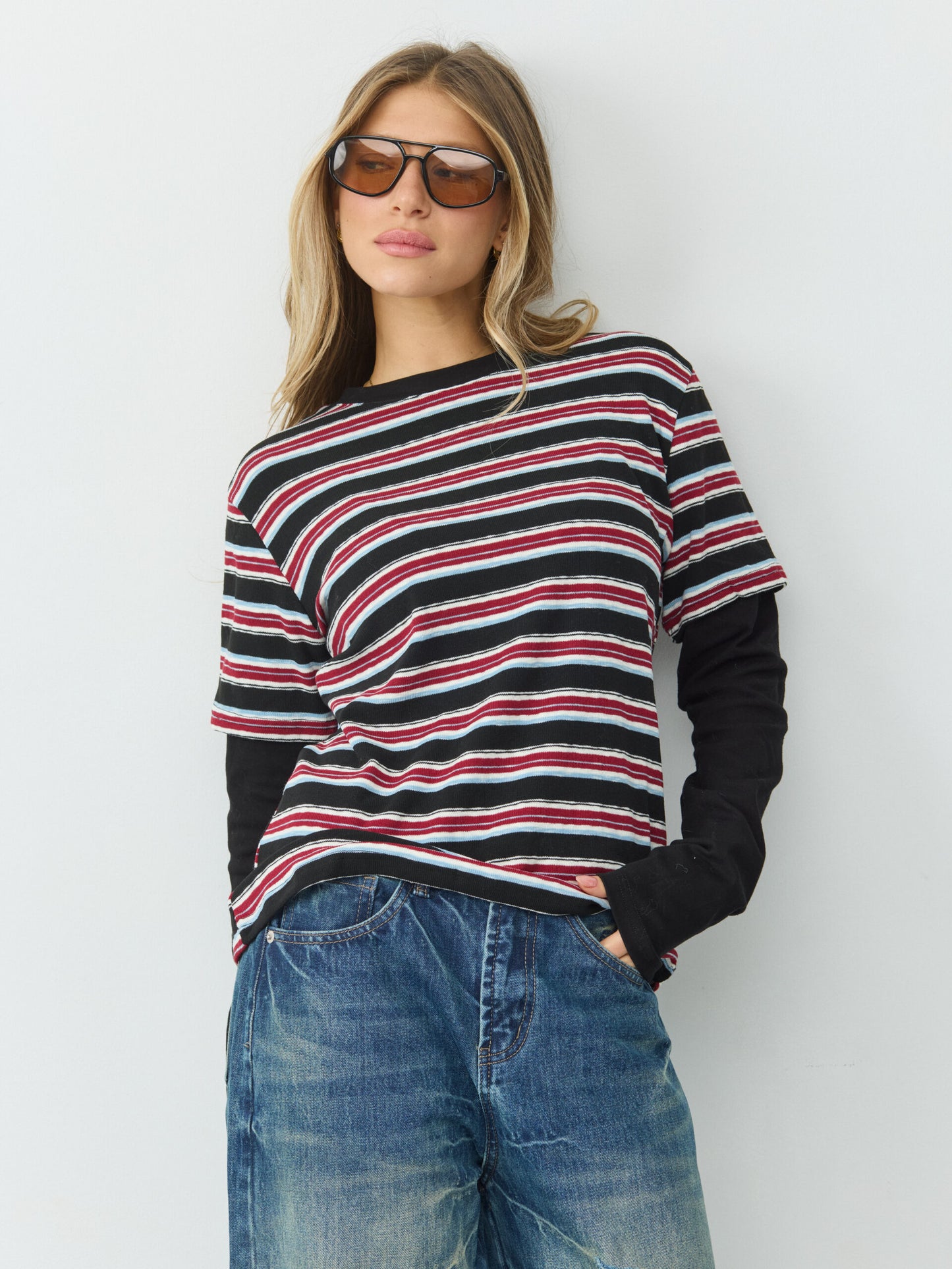 טישירט שתי שכבות פסים מיידן | בורדו