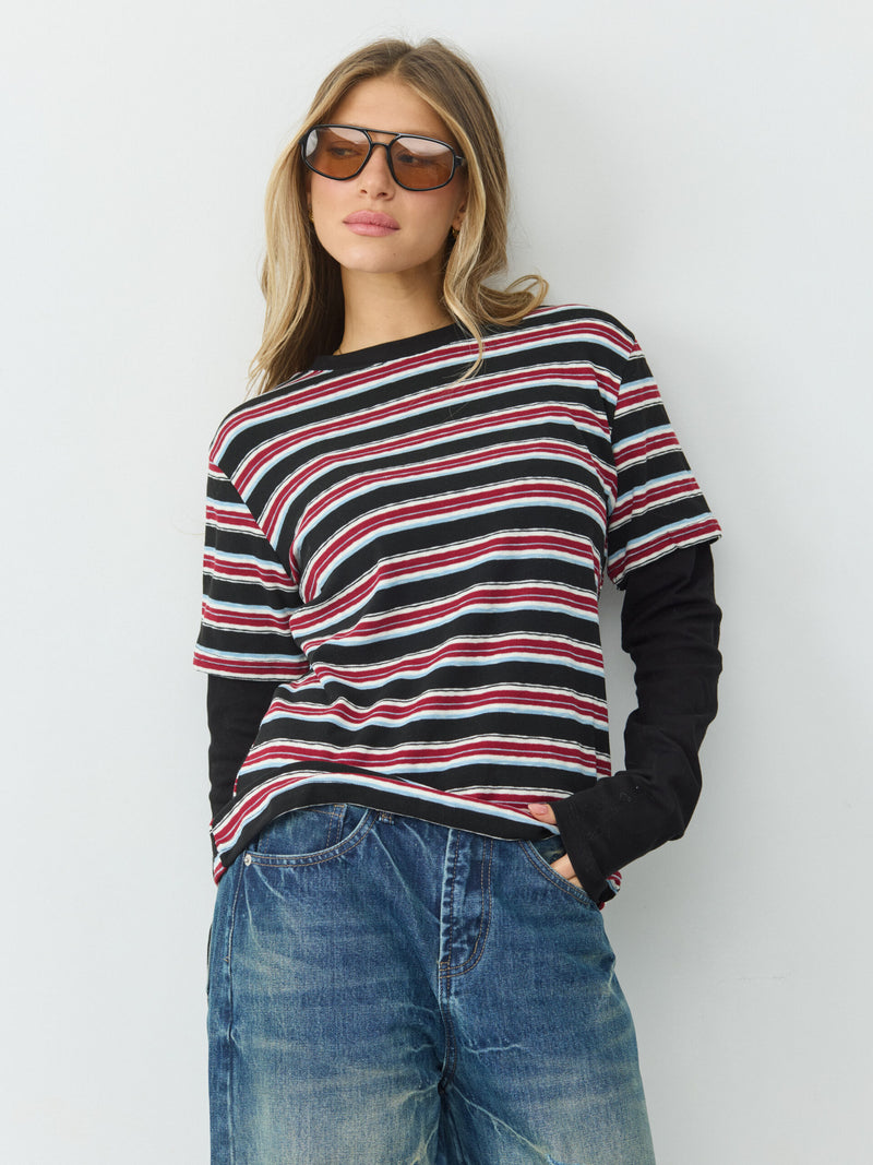 טישירט שתי שכבות פסים מיידן | בורדו