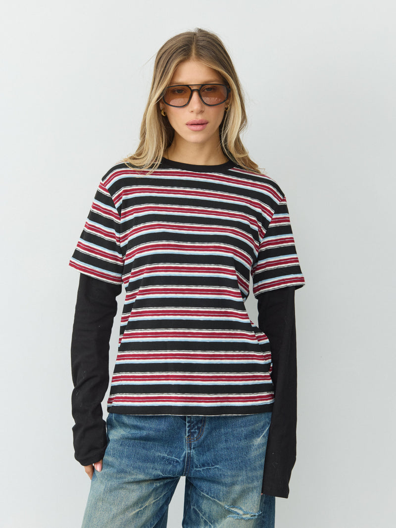 טישירט שתי שכבות פסים מיידן | בורדו