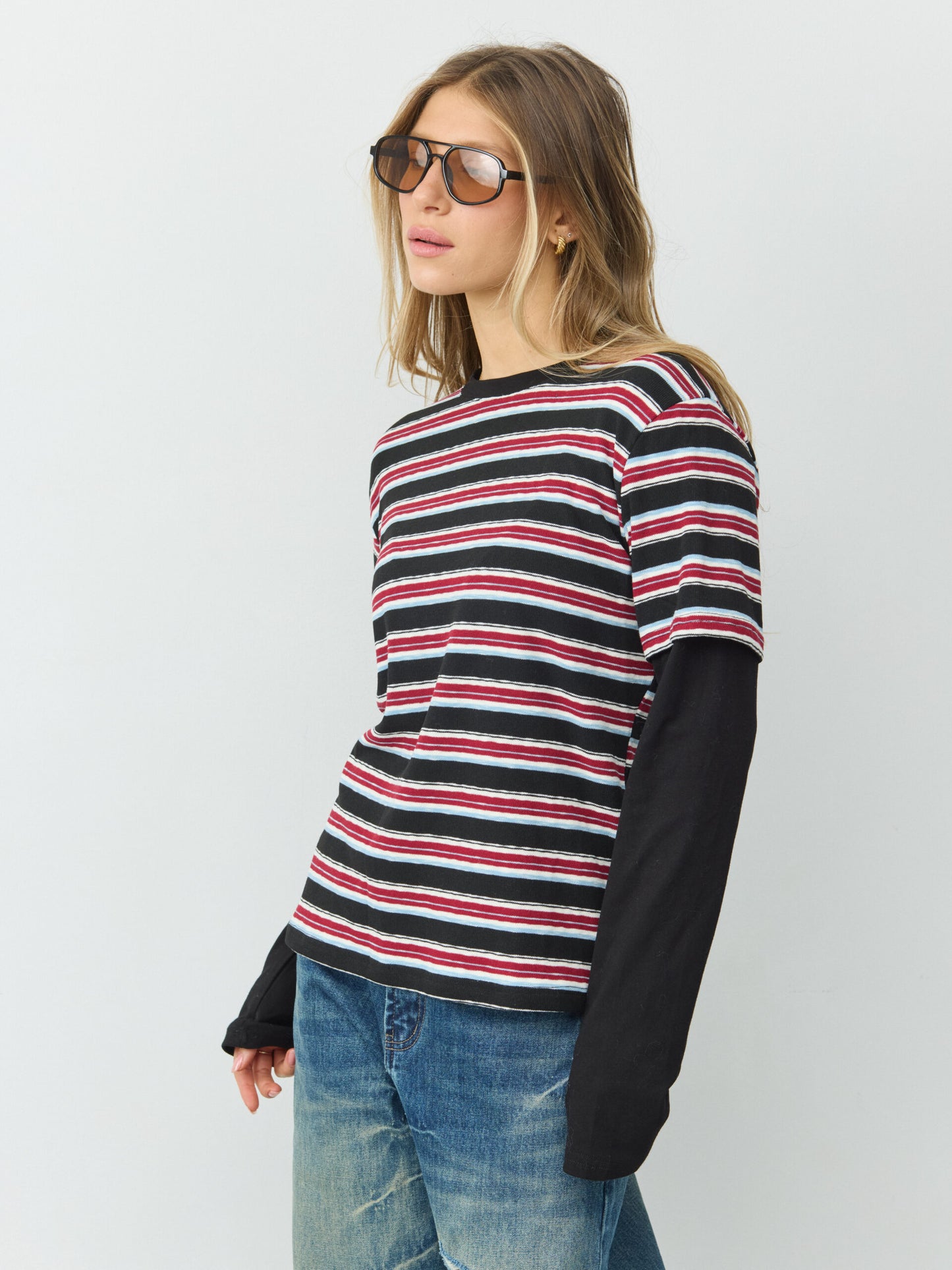 טישירט שתי שכבות פסים מיידן | בורדו