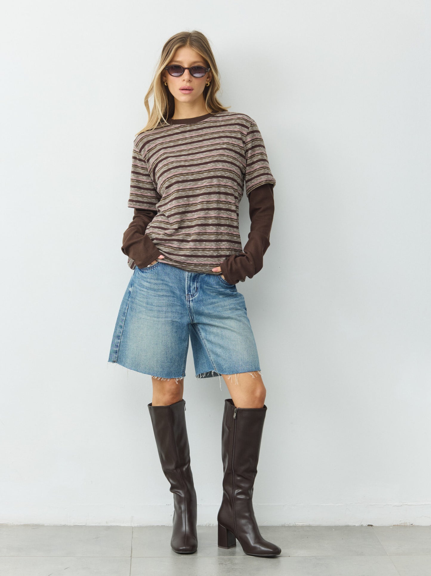 טישירט שתי שכבות פסים מיידן | חום