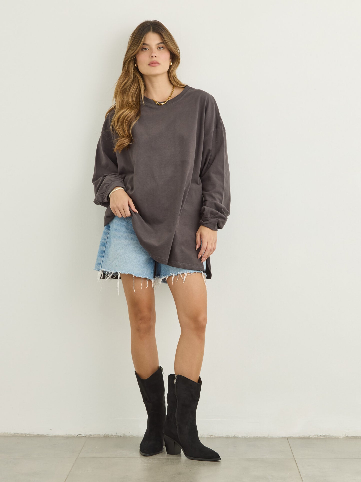 טישירט שרוול ארוך אוברסייז אריקה  | אפור