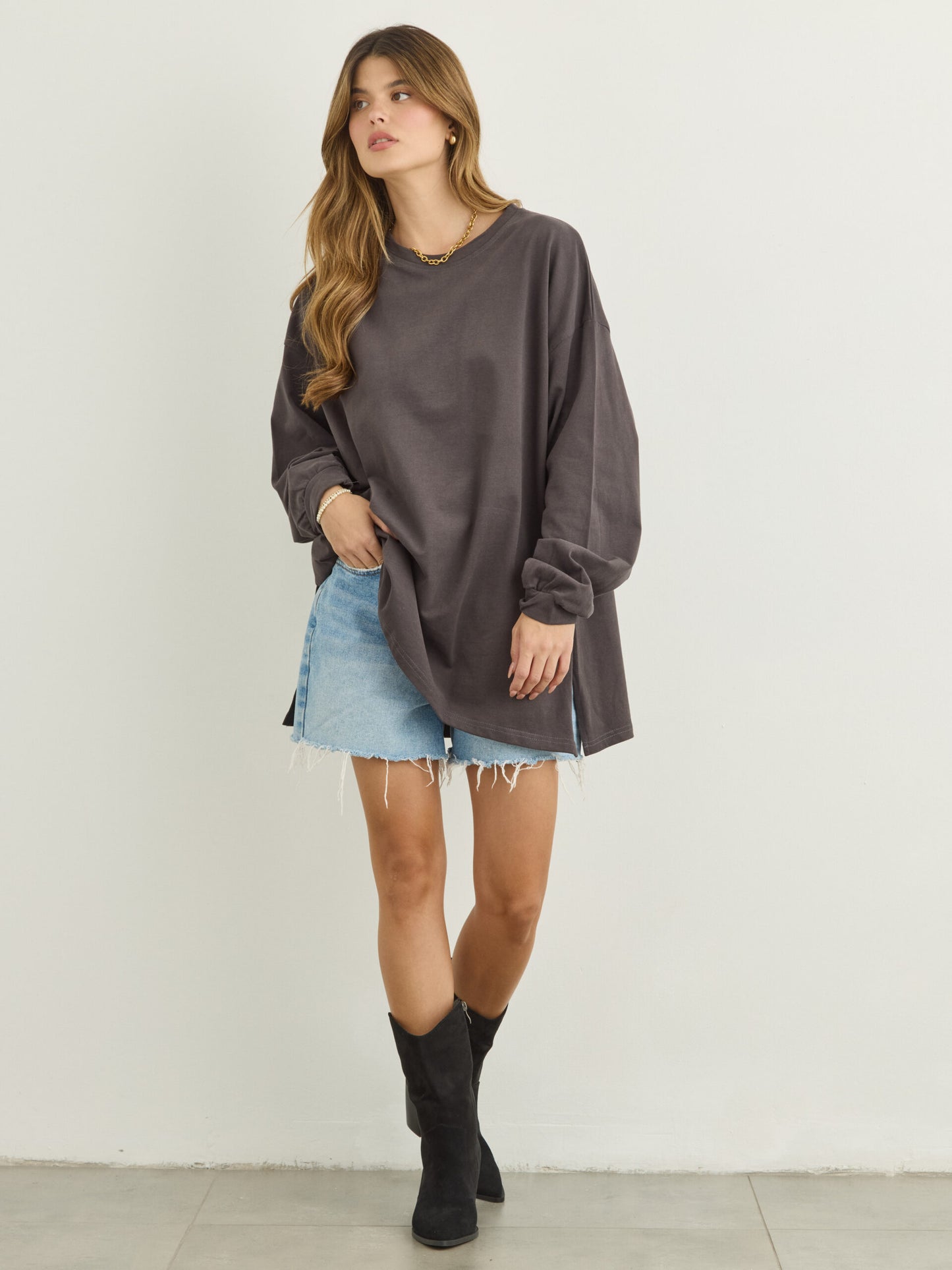 טישירט שרוול ארוך אוברסייז אריקה  | אפור
