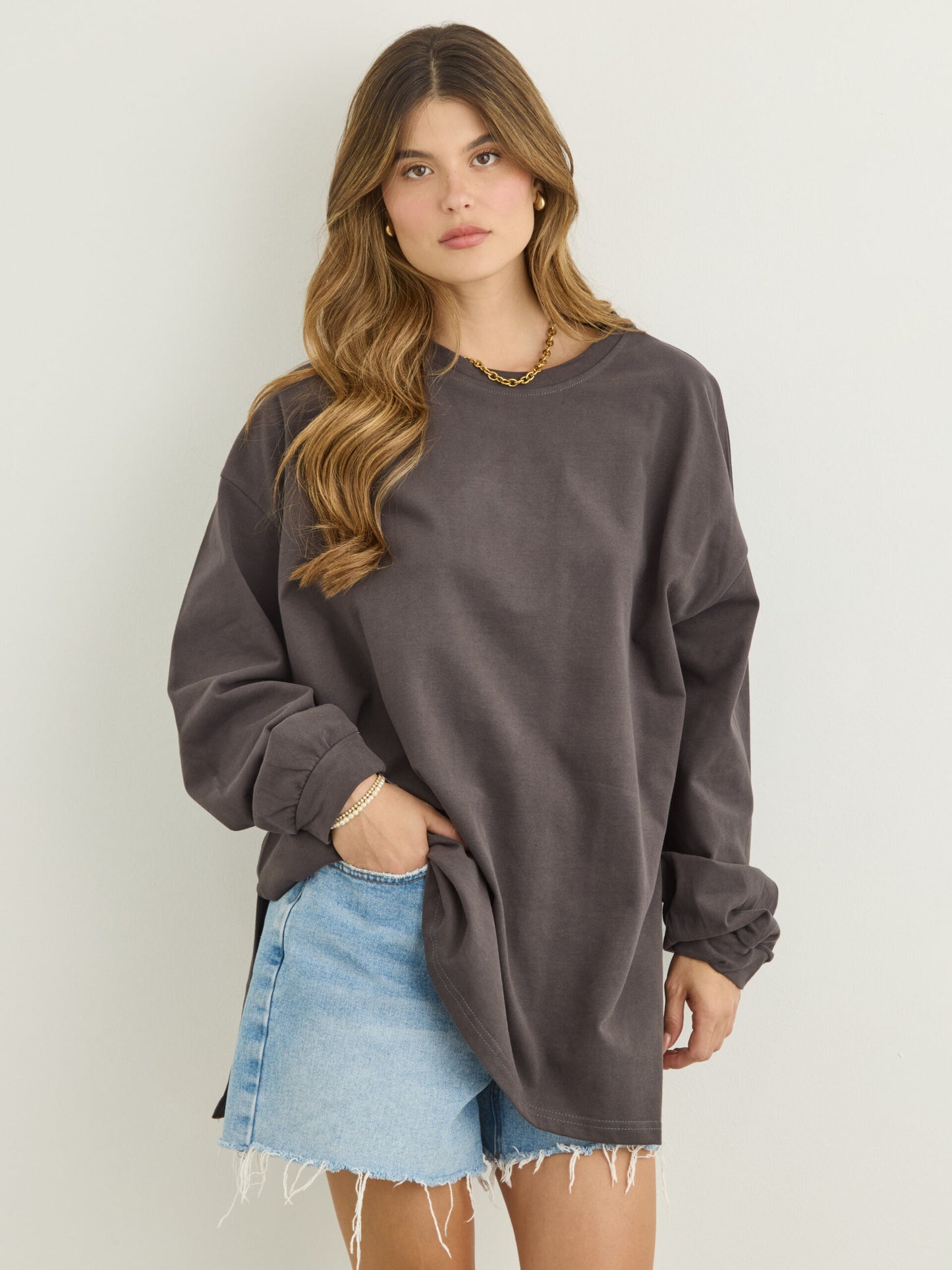 טישירט שרוול ארוך אוברסייז אריקה  | אפור