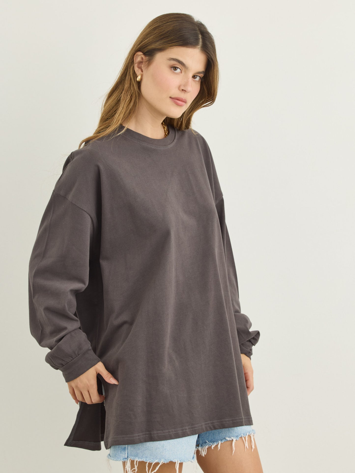 טישירט שרוול ארוך אוברסייז אריקה  | אפור