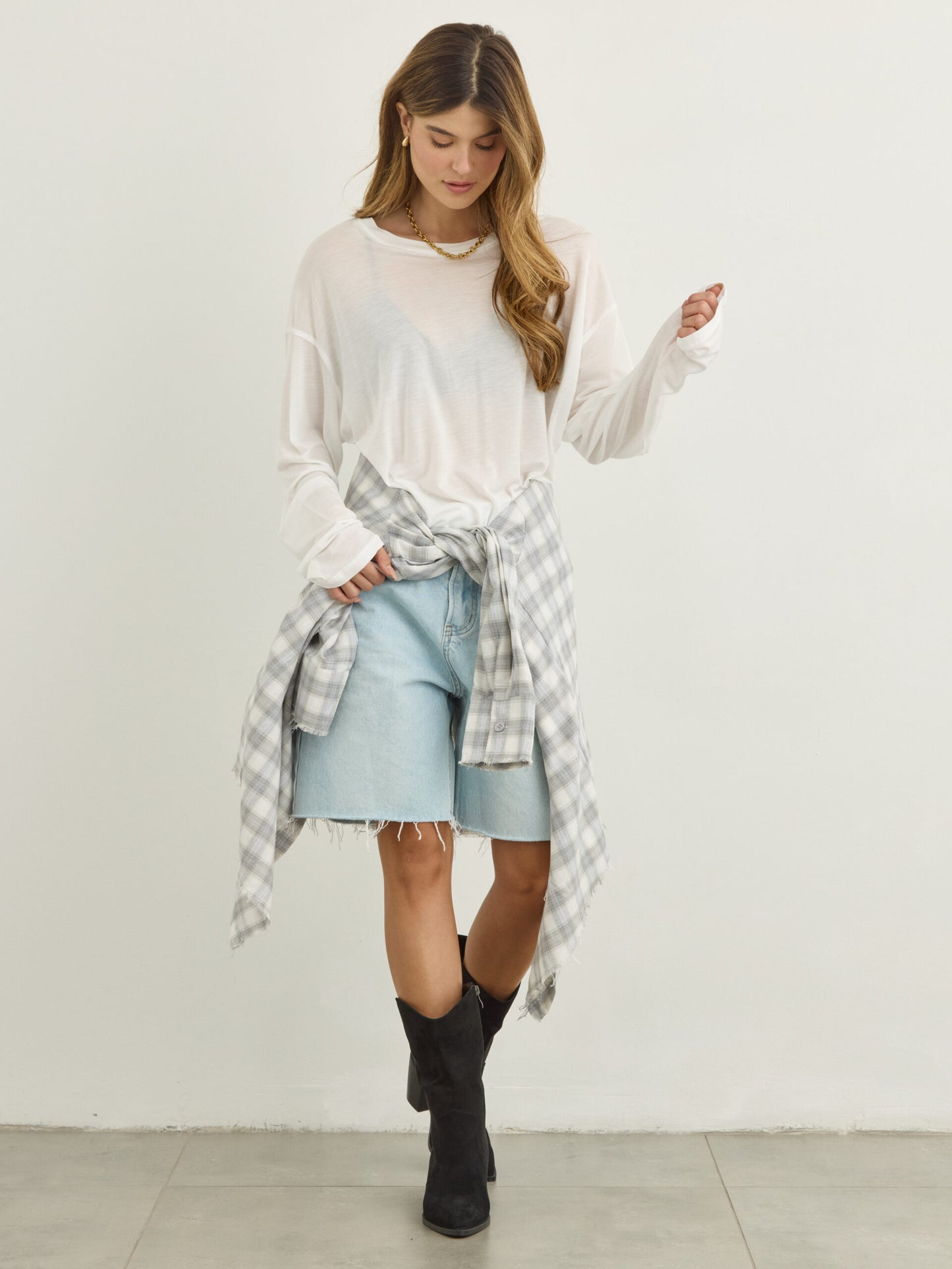 טישירט שרוול ארוך  אוברסייז בלו | לבן