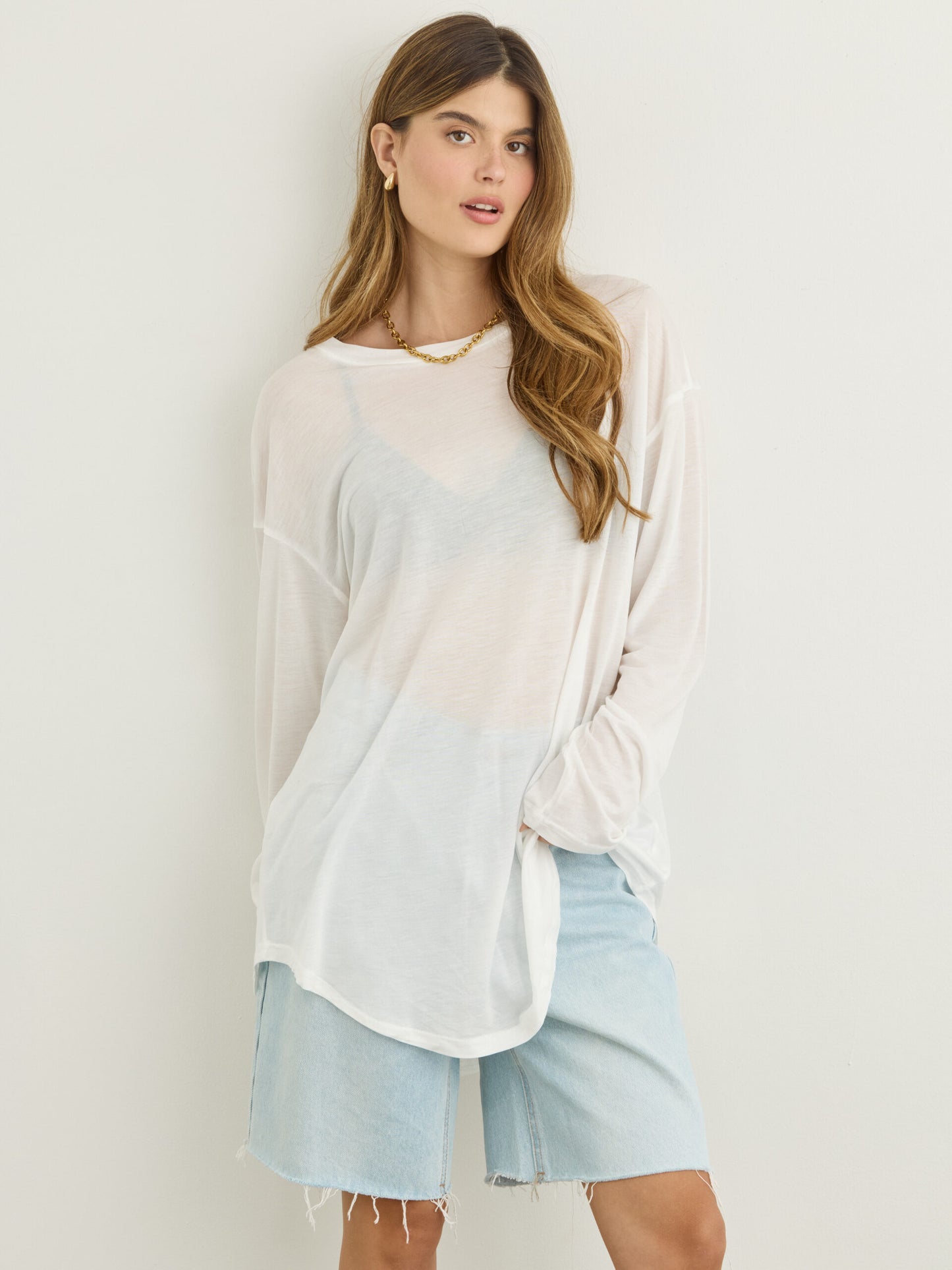 טישירט שרוול ארוך  אוברסייז בלו | לבן