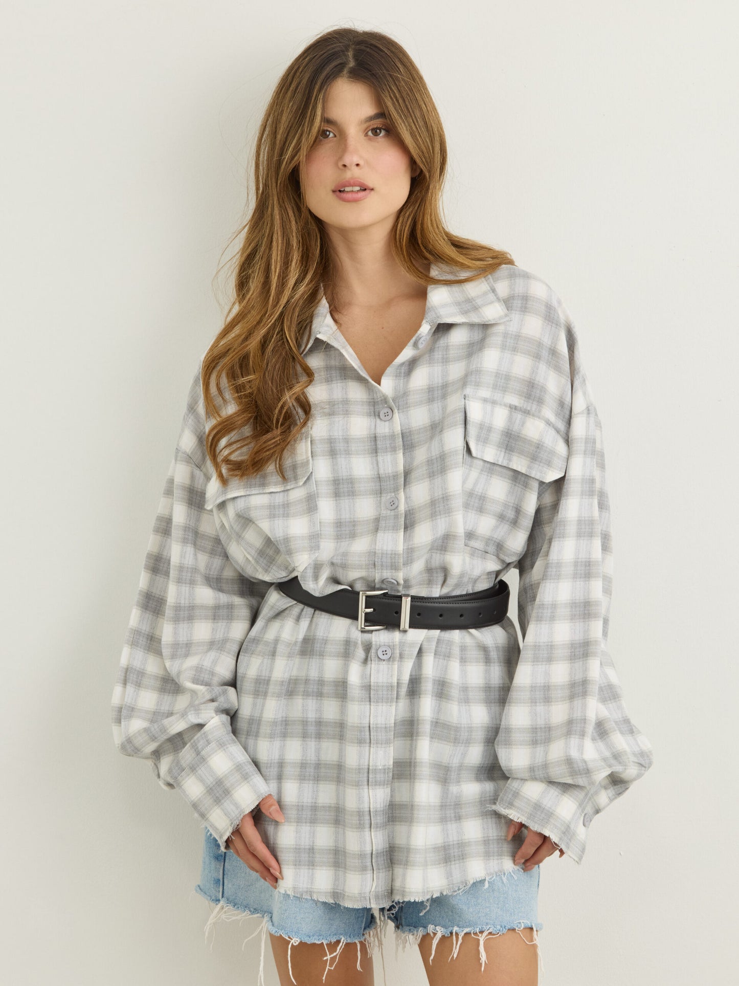 חולצה מכופתרת משבצות סליי | אפור