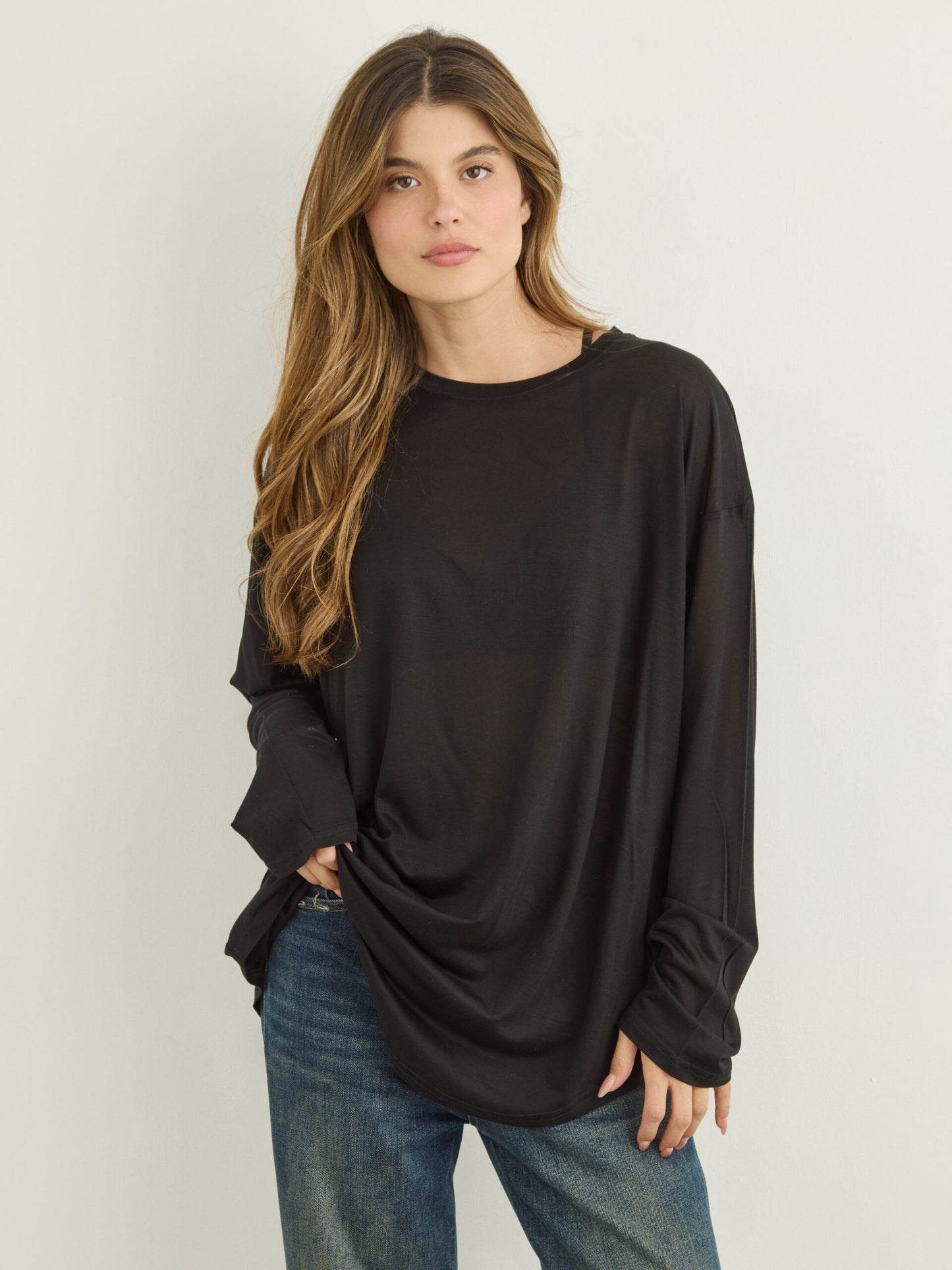 טישירט שרוול ארוך  אוברסייז בלו | שחור