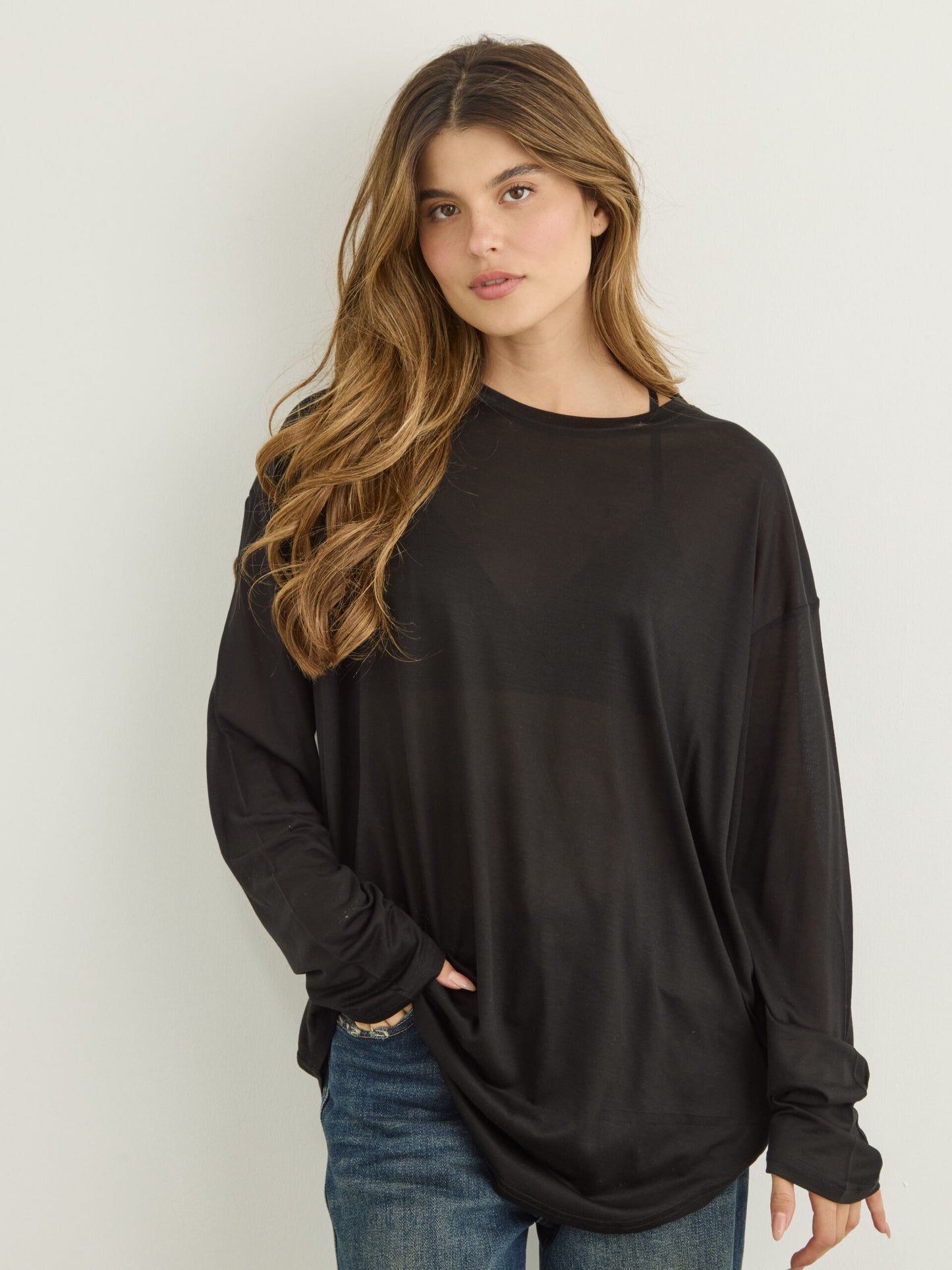 טישירט שרוול ארוך  אוברסייז בלו | שחור