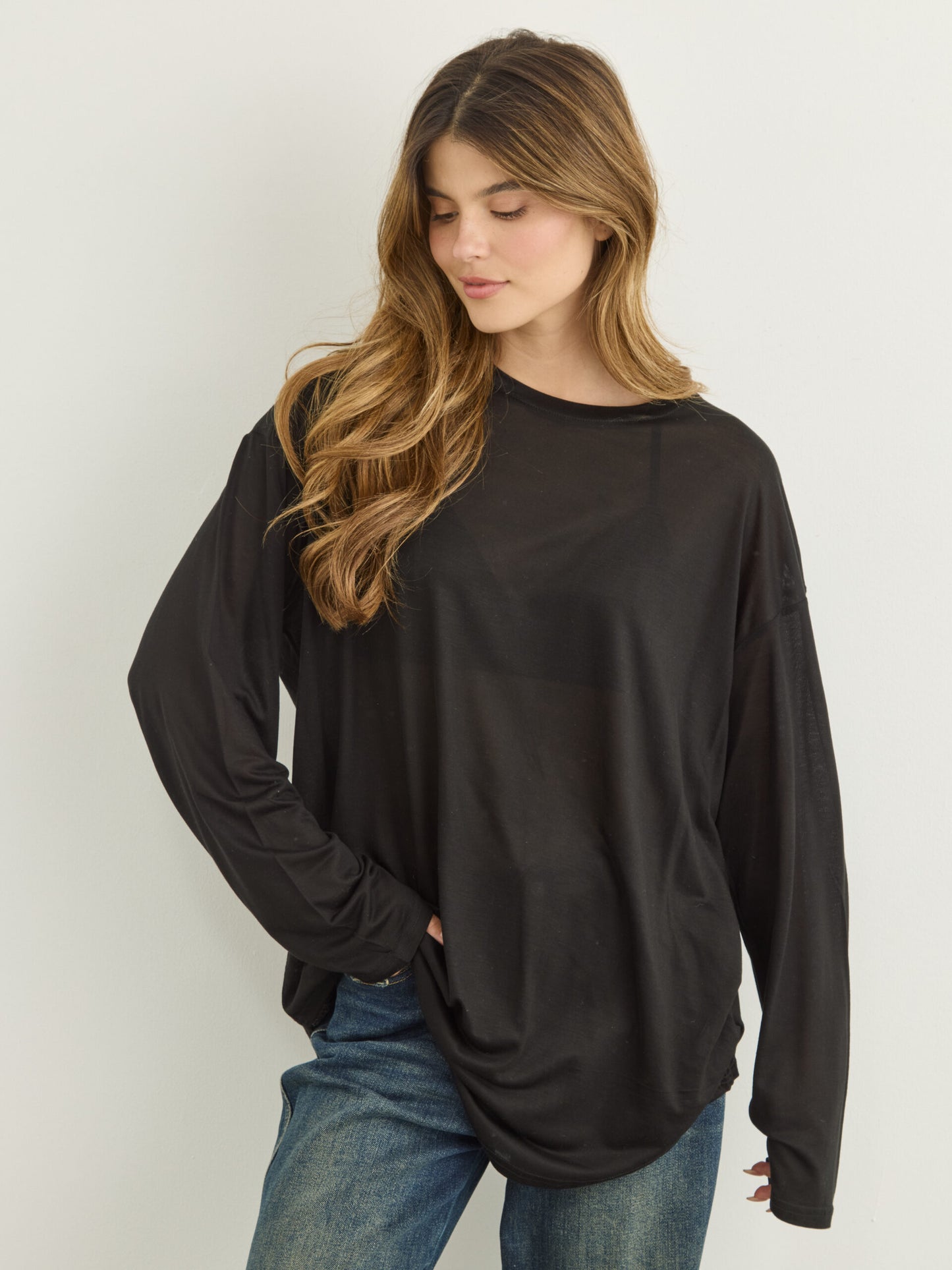 טישירט שרוול ארוך  אוברסייז בלו | שחור