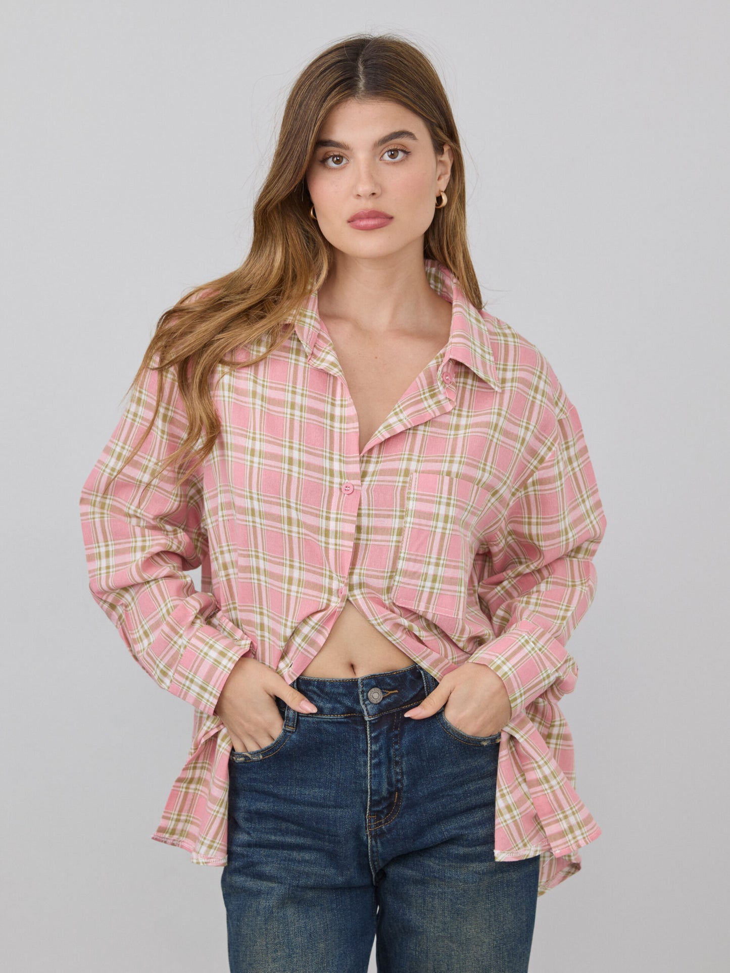 חולצה מכופתרת משבצות לואיזה | ורוד