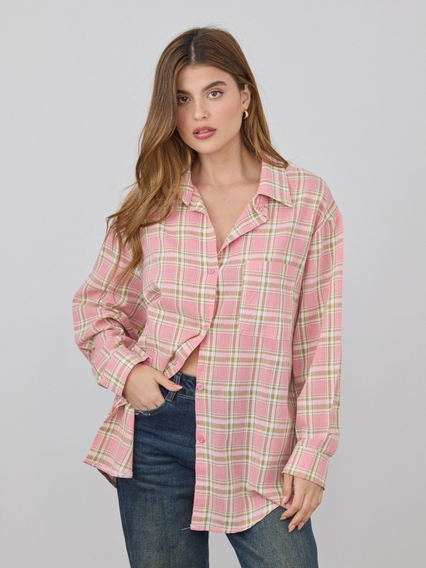 חולצה מכופתרת משבצות לואיזה | ורוד