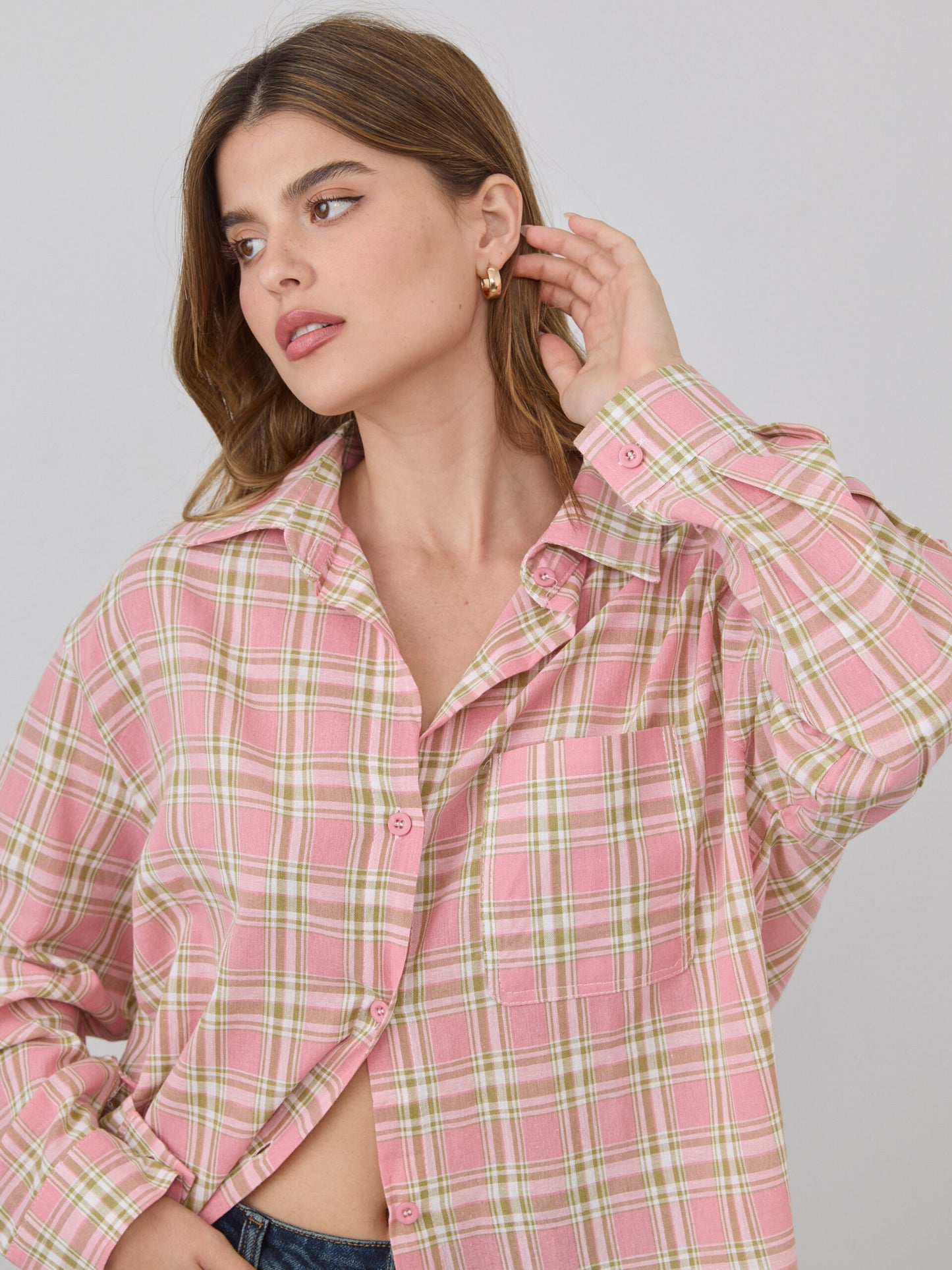 חולצה מכופתרת משבצות לואיזה | ורוד