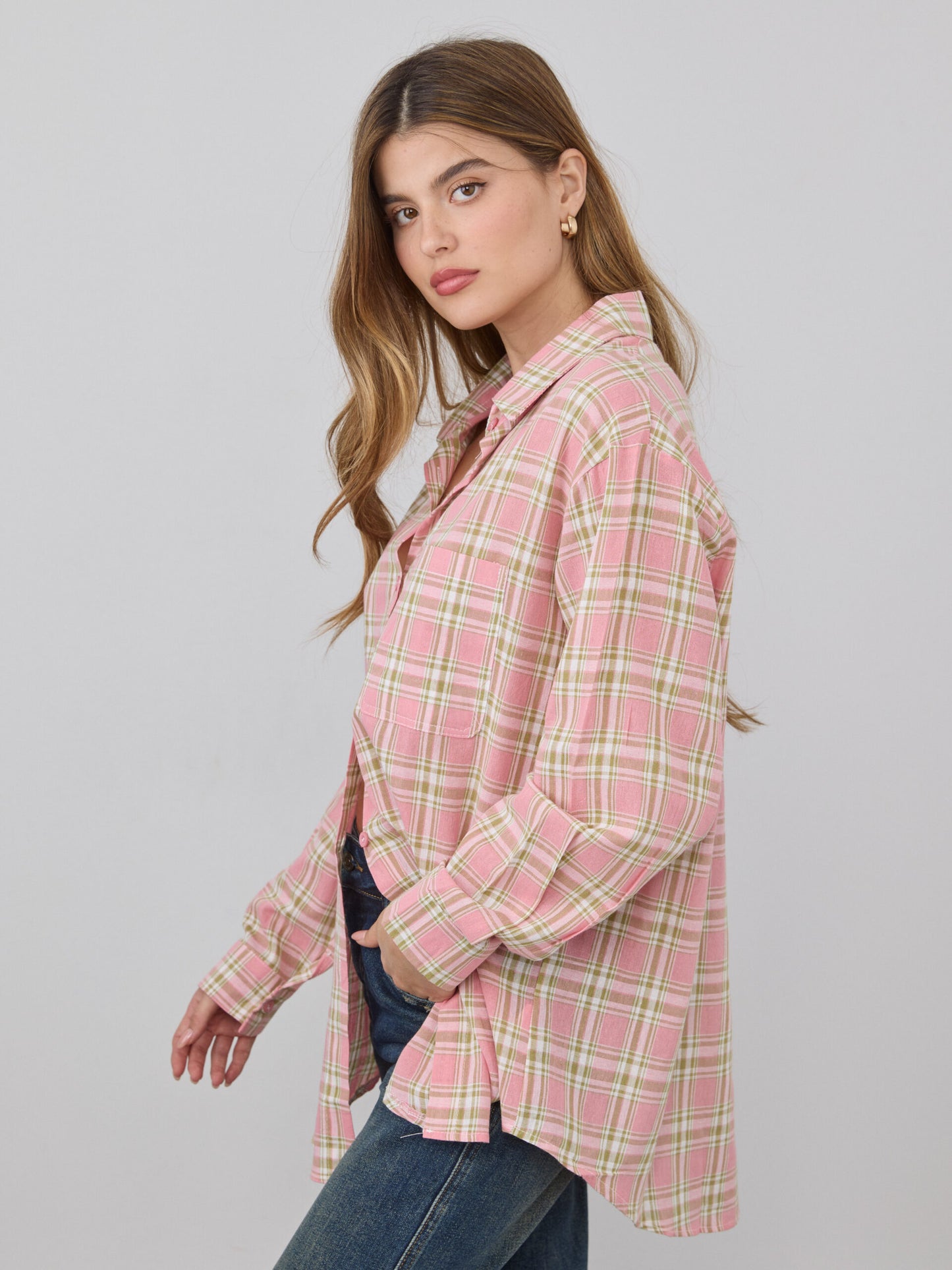 חולצה מכופתרת משבצות לואיזה | ורוד