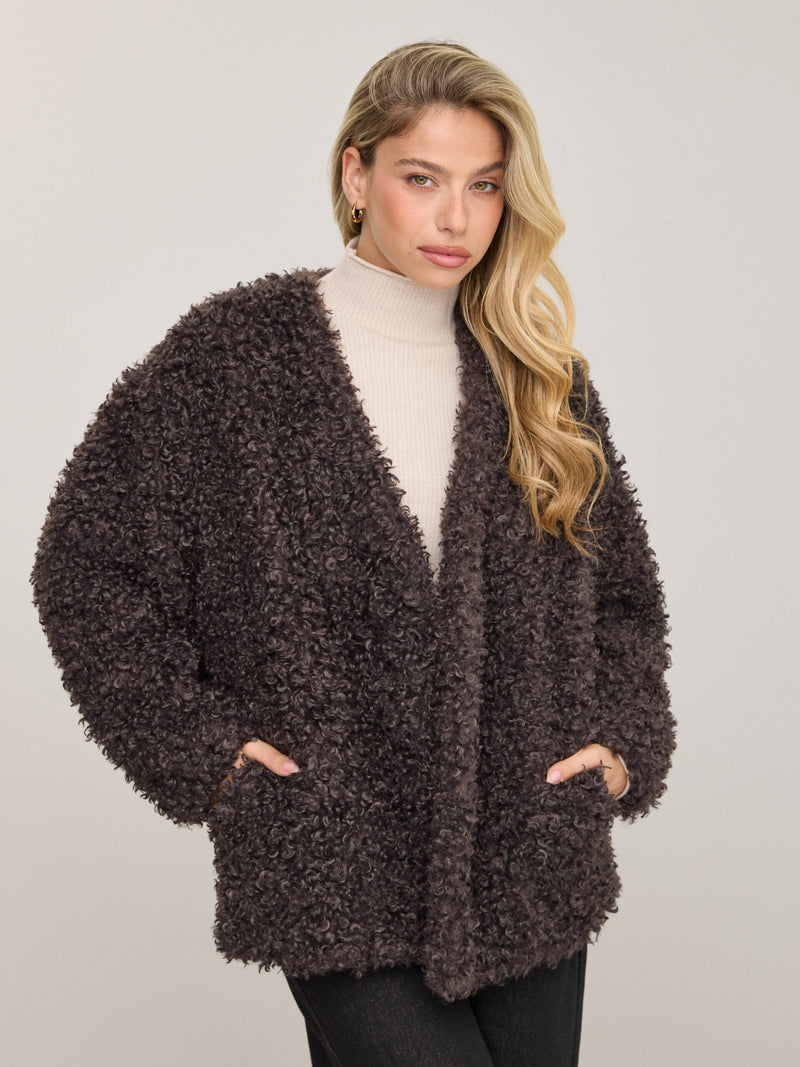 מעיל דמוי פרווה טדי | אפור