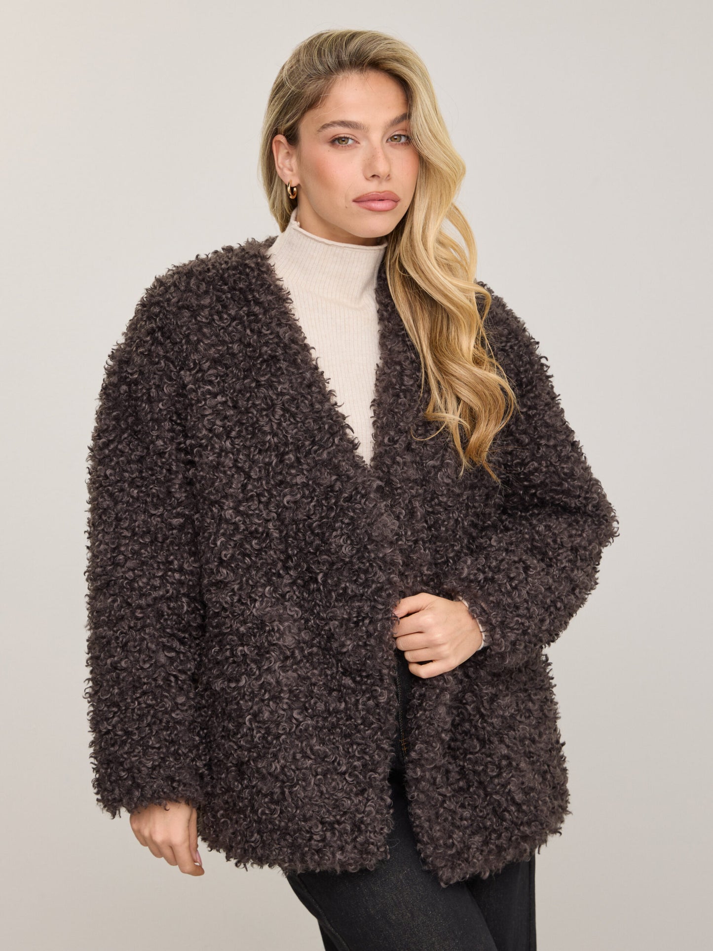 מעיל דמוי פרווה טדי | אפור