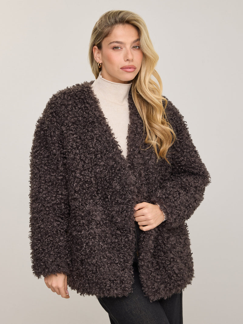 מעיל דמוי פרווה טדי | אפור