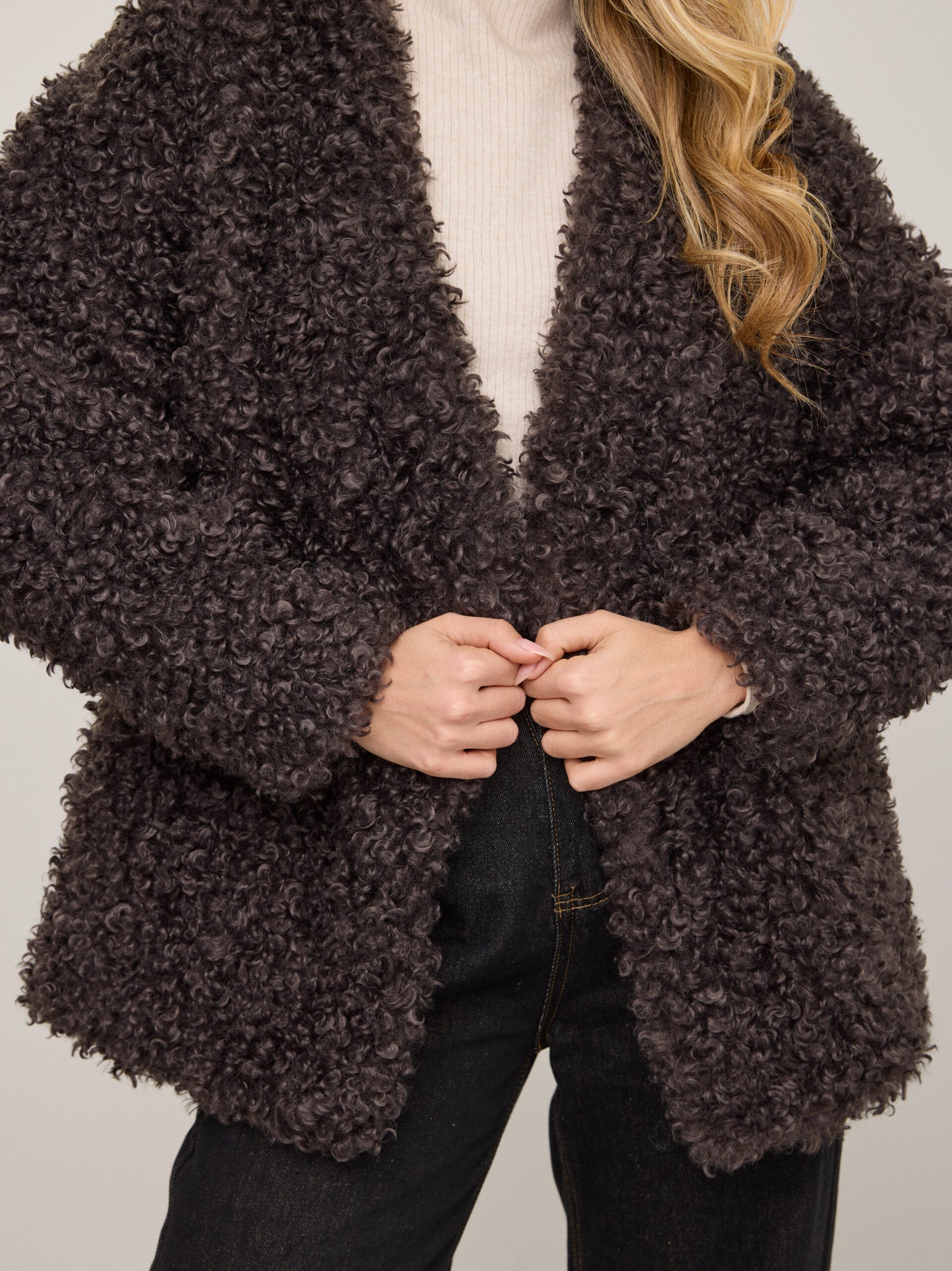 מעיל דמוי פרווה טדי | אפור