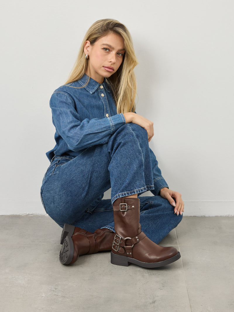 מגפי קולר אבזם בנט | חום