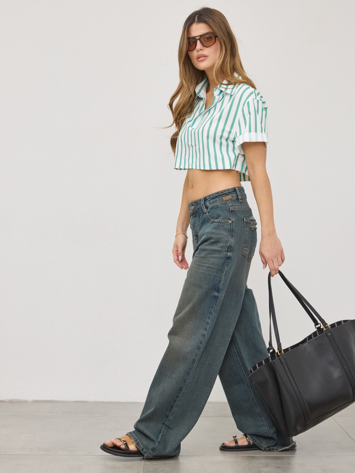 חולצת פסים קרופ מריסה | ירוק