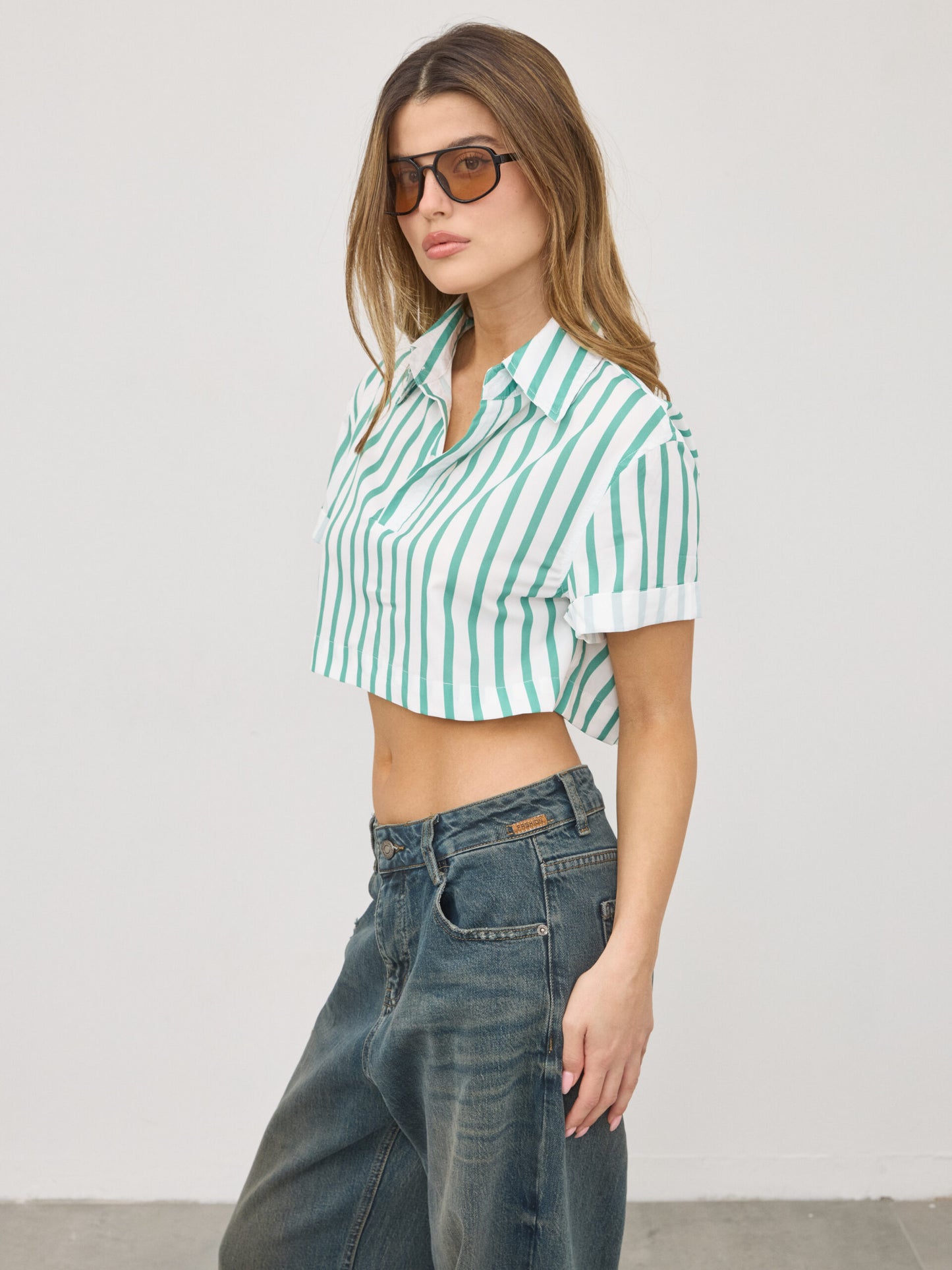 חולצת פסים קרופ מריסה | ירוק