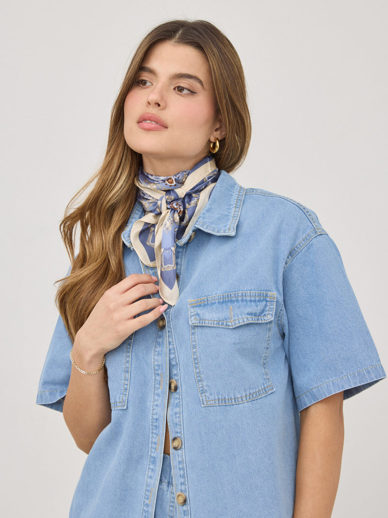 חולצה מכופתרת ג'ינס שרוול קצר בלייר | תכלת