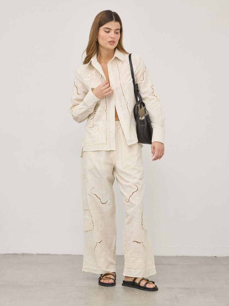 חליפת פשתן רקומה קנדל | שמנת