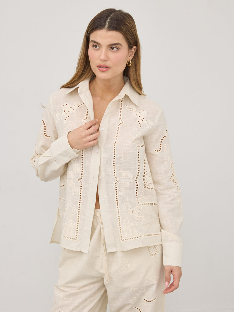 חליפת פשתן רקומה קנדל | שמנת