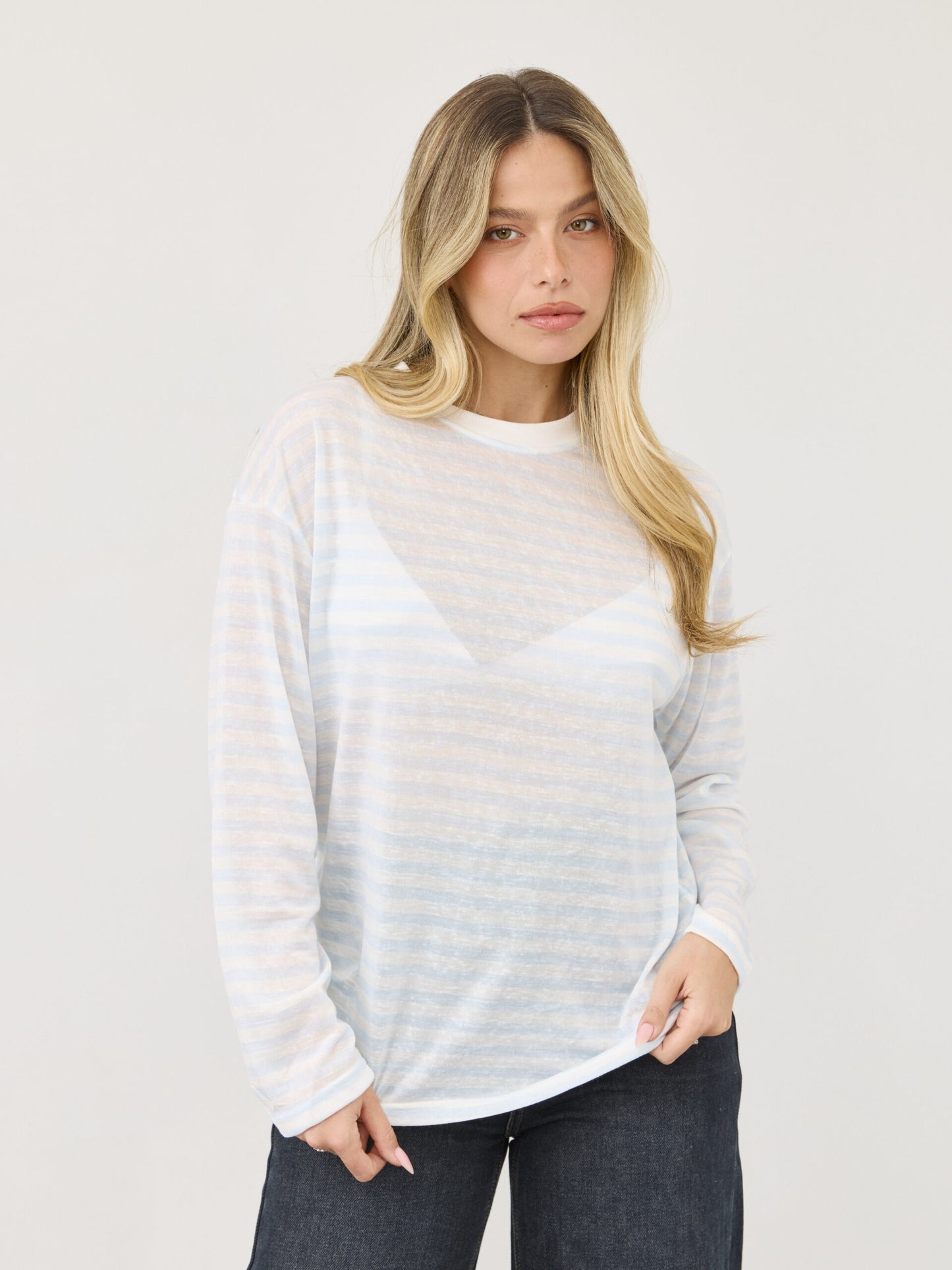 טישירט שרוול ארוך  פסים אוולין | כחול