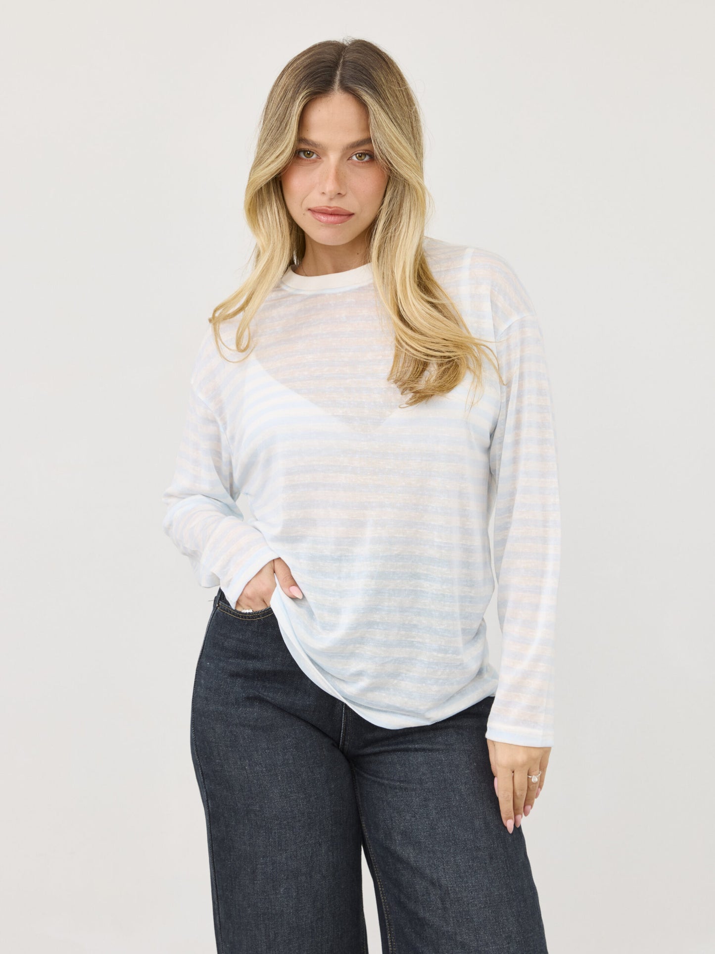 טישירט שרוול ארוך  פסים אוולין | כחול