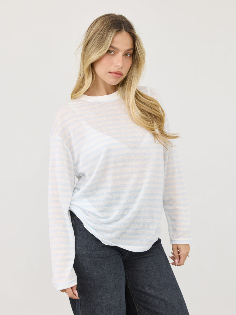 טישירט שרוול ארוך  פסים אוולין | כחול