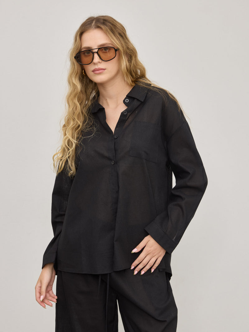 חולצה מכופתרת פשתן פלורנס | שחור