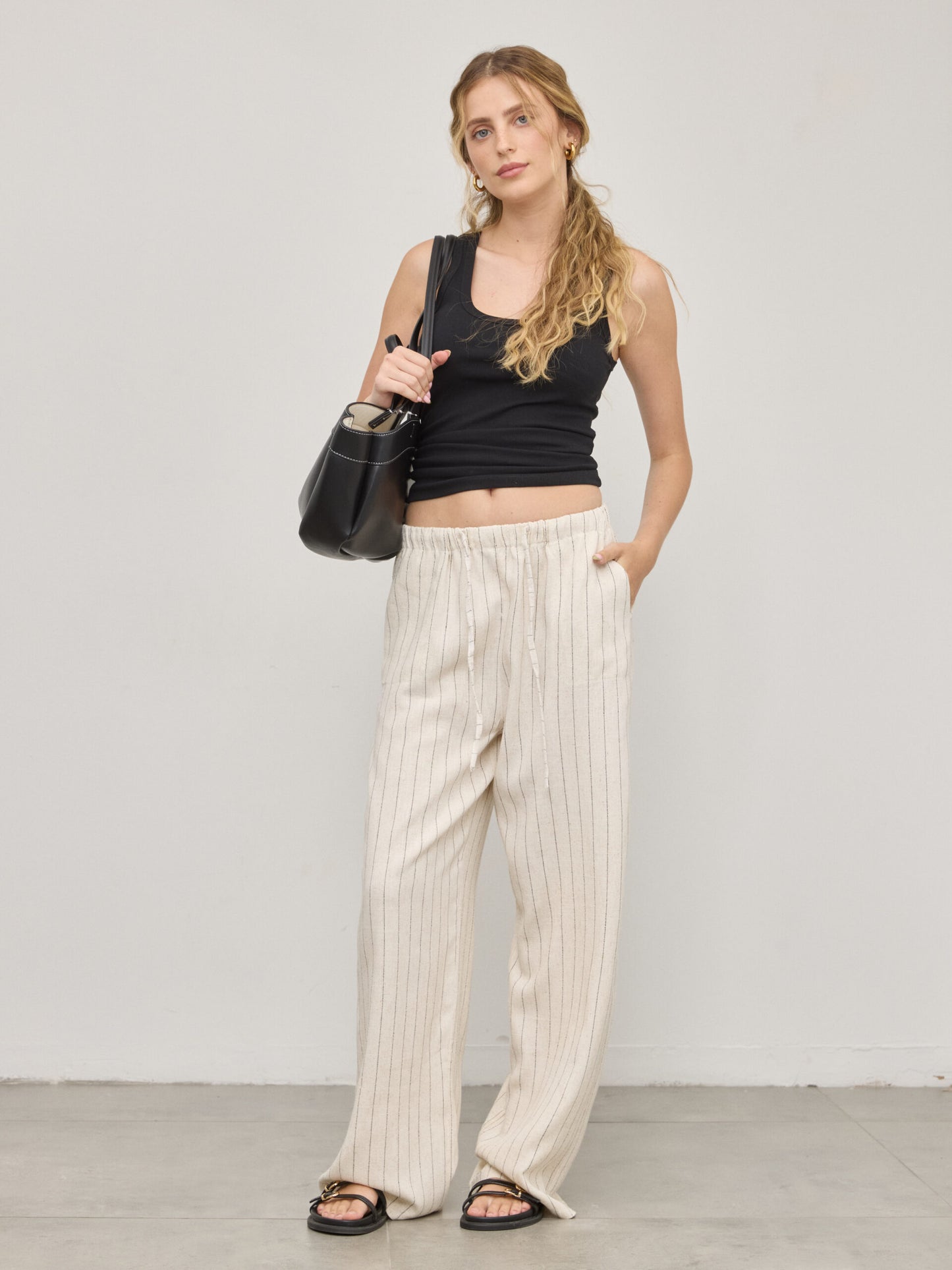 מכנסי פשתן פסים יובל | שמנת