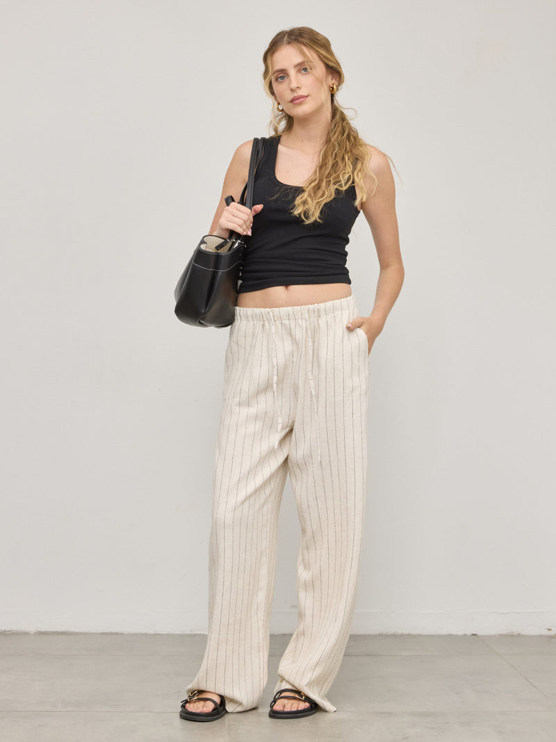 מכנסי פשתן פסים יובל | שמנת