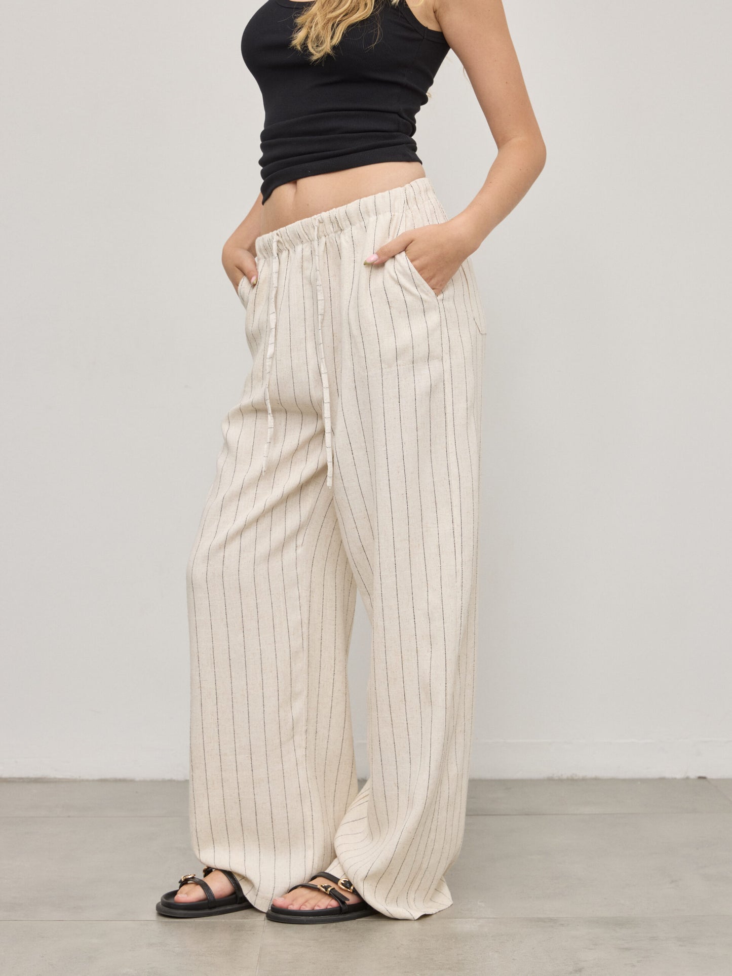 מכנסי פשתן פסים יובל | שמנת